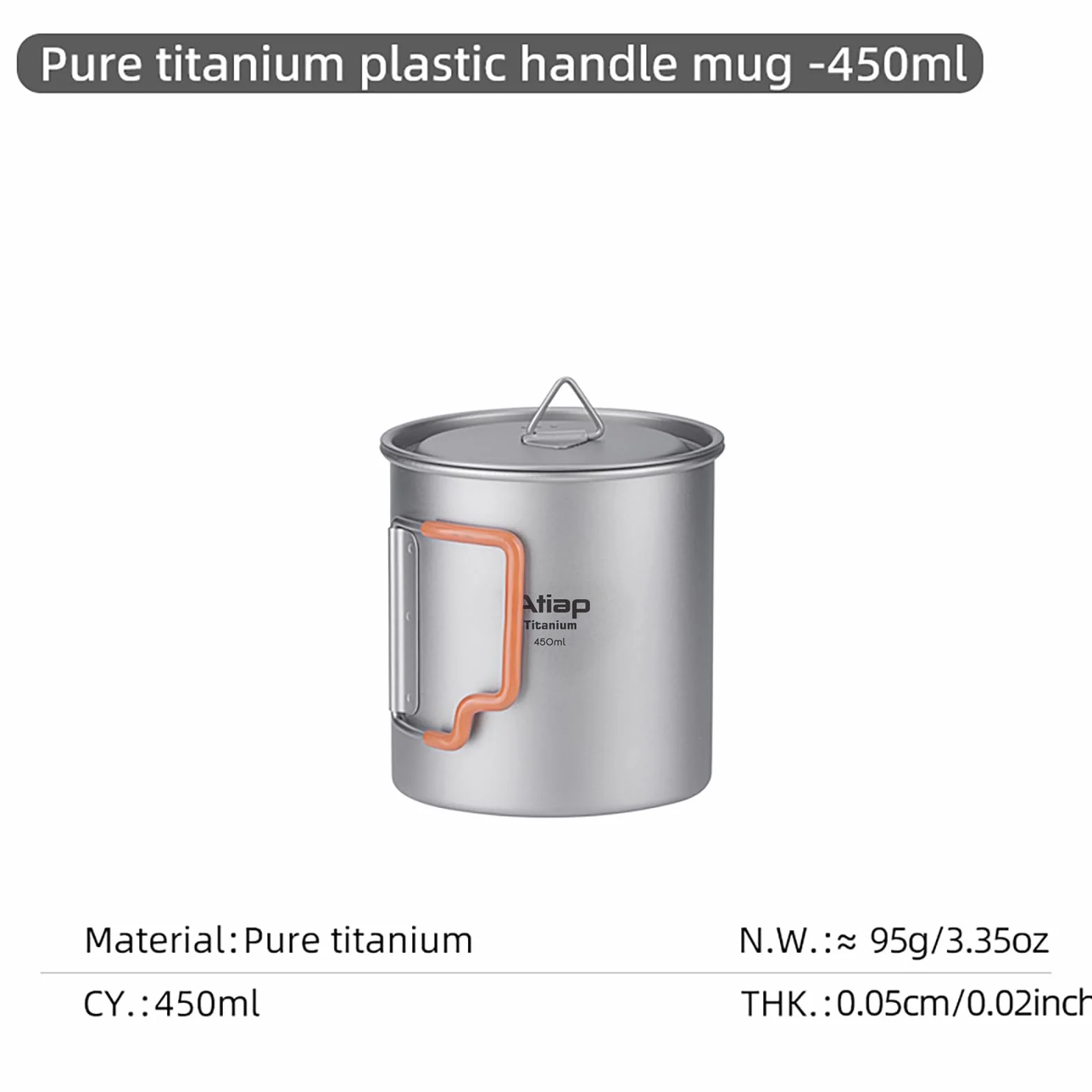 Pot de camping en titane de 750 ml avec couvercle extérieur ultra léger tasses à café portables tasse en titane poignée pliable