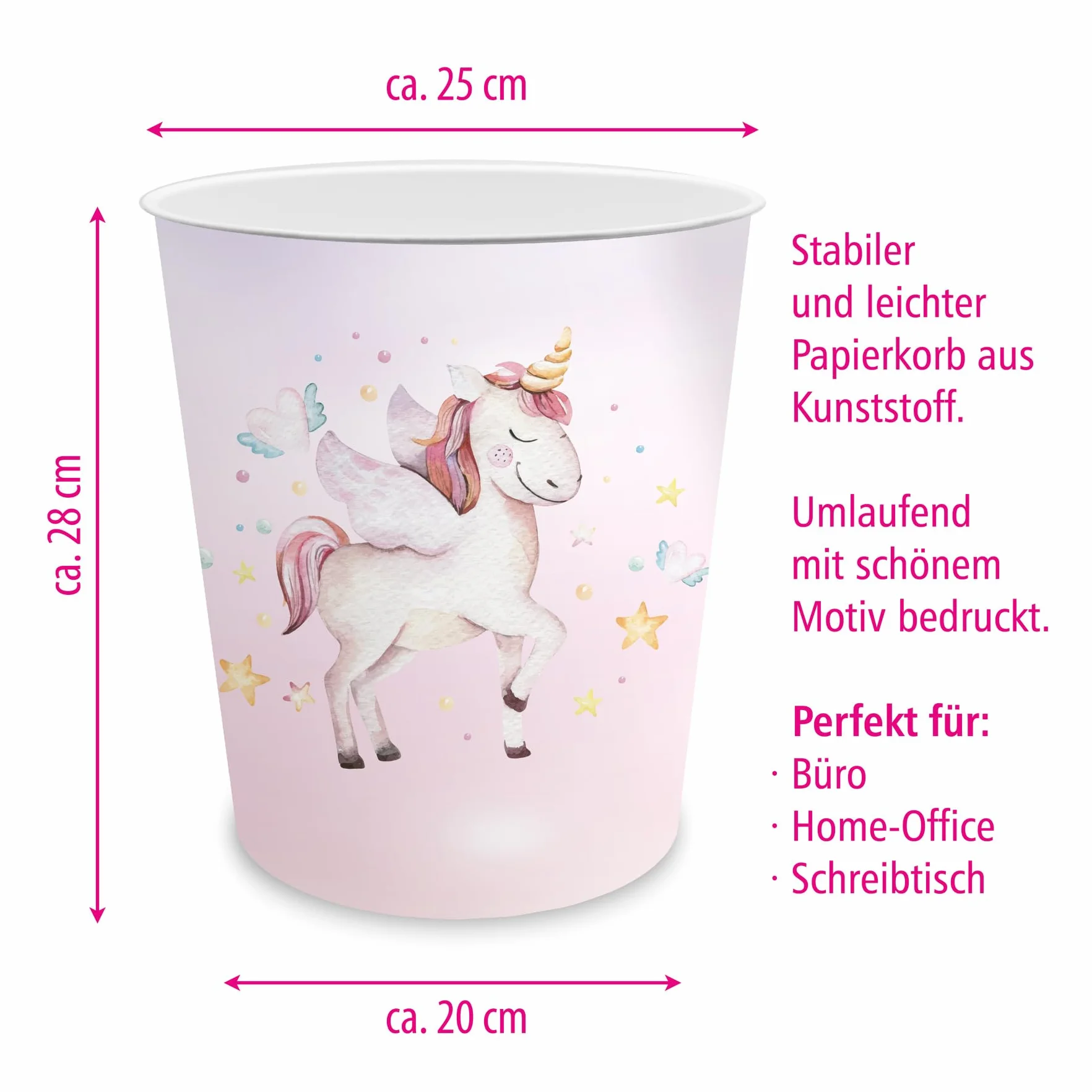 itenga Corbeille à papier enfants motif licorne ronde 11 L plastique résistant