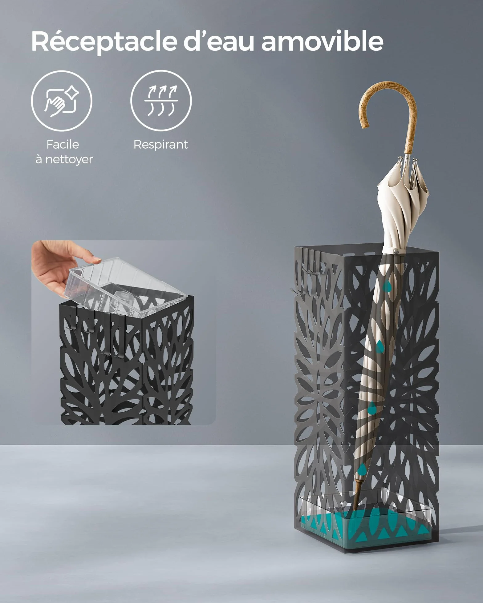 SONGMICS Porte-parapluies Support Carré Acier avec Réceptacle d'Eau Amovible Noir LUC026B33