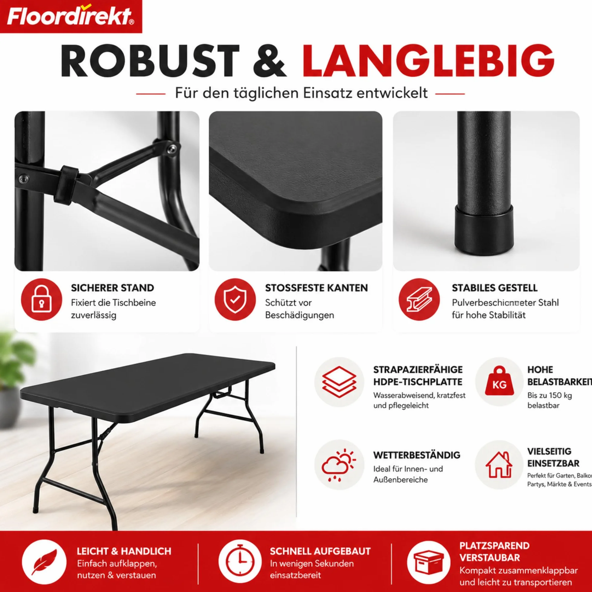 Table de Jardin Pliable en Plastique 180 x 73 cm avec Poignée de Transport - Table Pliante pour Jardin, Terrasse et Balcon - Table de Camping pour 6 Personnes (Kyoto)