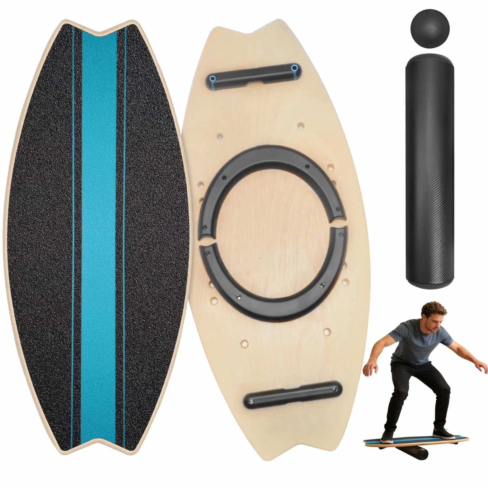 Planche d'équilibre en bois 7 en 1 avec rouleau et ballon - Entraînement surf adulte