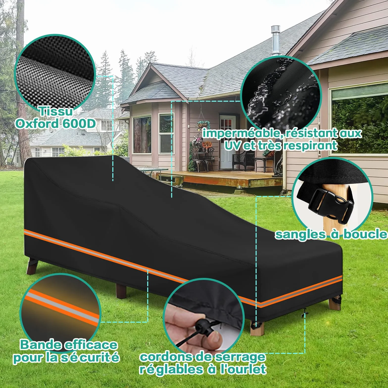 Housse de Protection pour Transat 2Pcs Imperméable Anti-UV Jardin Tissu Oxford 600D Renforcé 200x75x40/70cm Noir