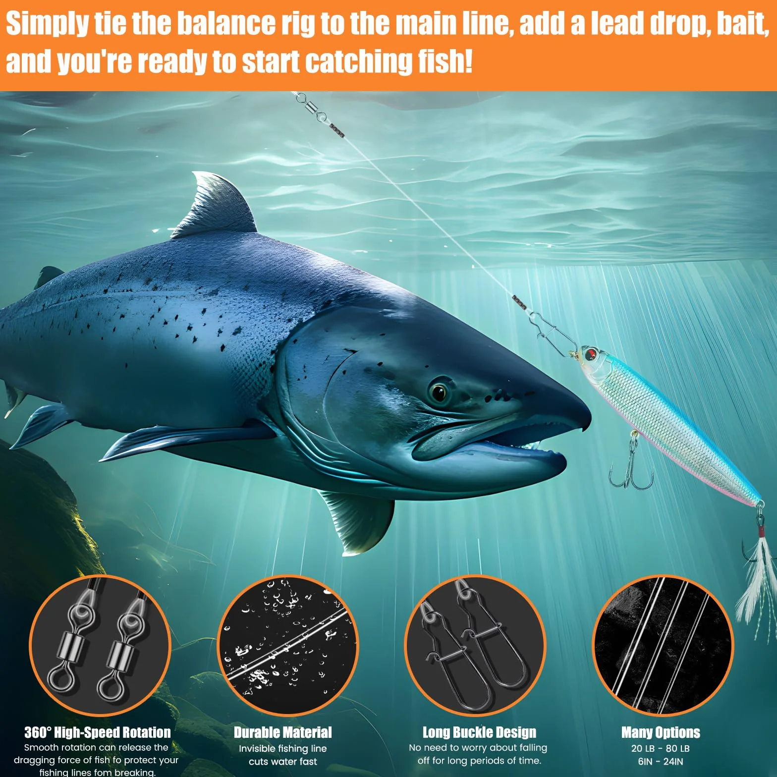 Guoyu Lot de 10/20 fils de pêche en fluorocarbone avec pivot et snap, fil 100 % fluorocarbone pour la pêche en eau salée et en eau fraîche, idéal pour la pêche en eau salée et en eau fraîche, idéal