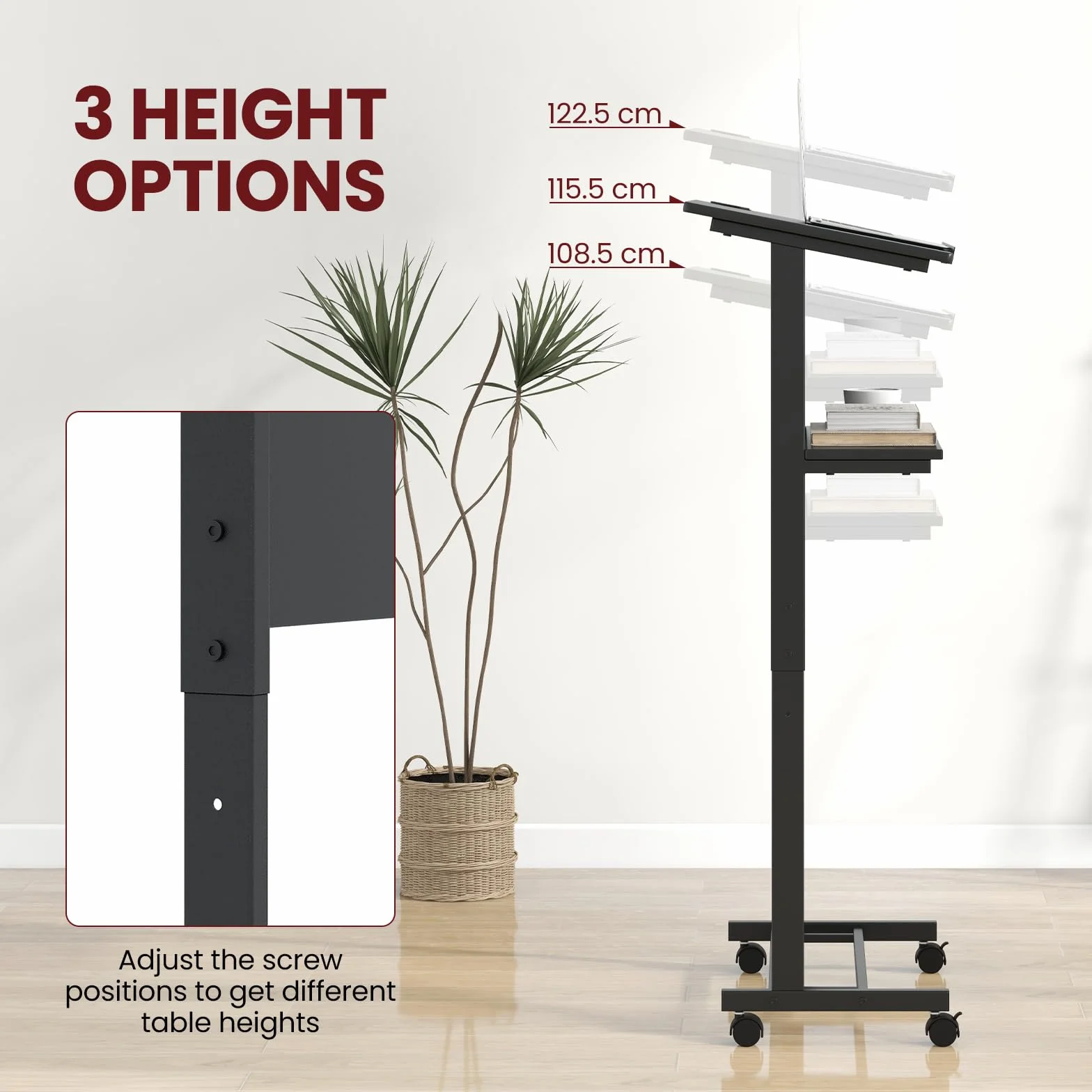 FANTASK Pupitre à roulettes réglable en hauteur avec plateau incliné, Table pour ordinateur portable, Noir