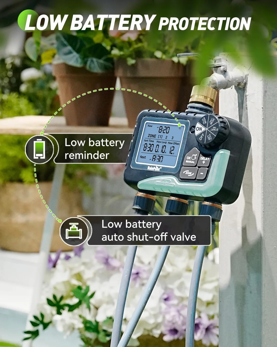 RAINPOINT Programmateur Arrosage 3 Sorties, Laiton, Automatique, Retard Pluie, Écran LCD, Minuterie Jardin