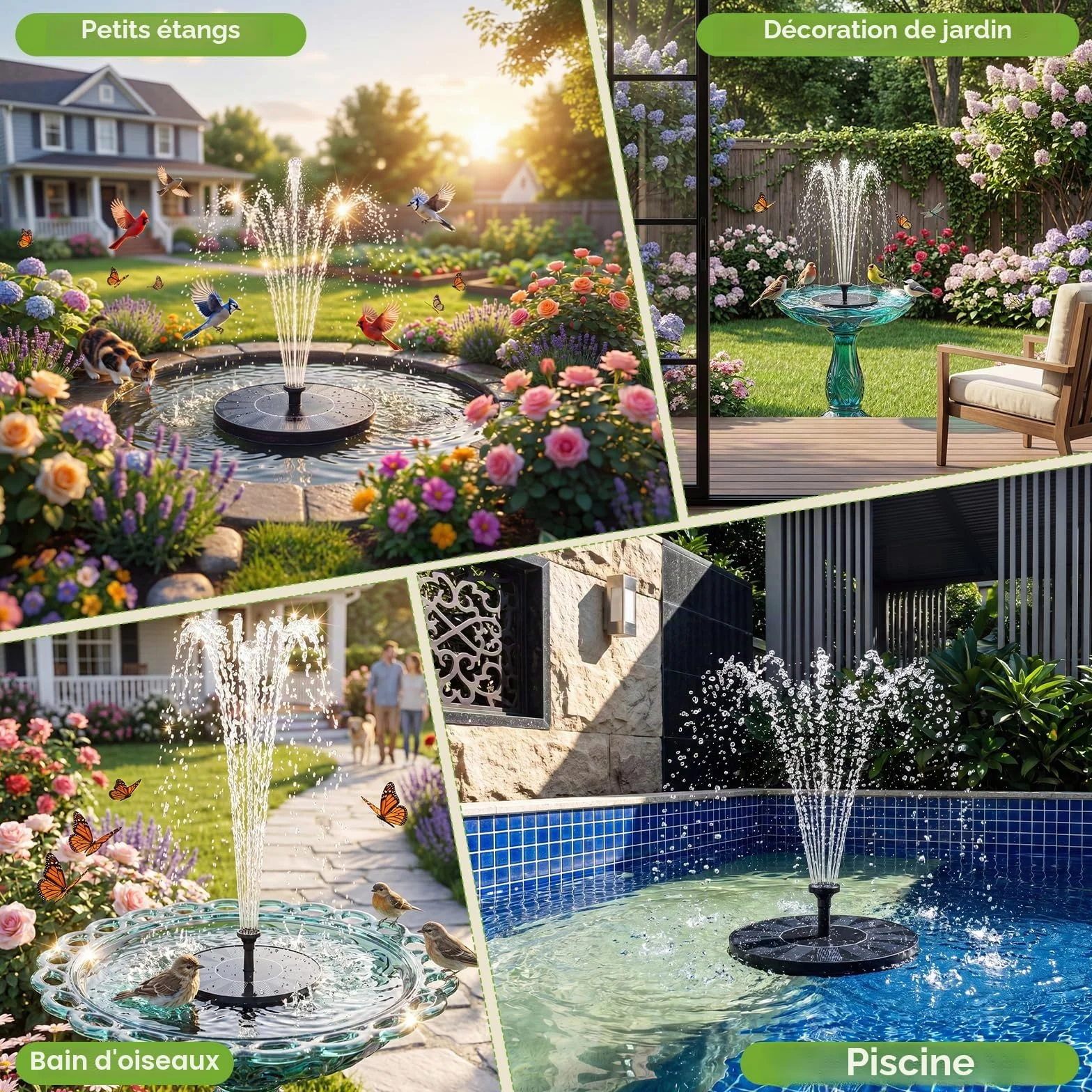 Fontaine Solaire Extérieur Flottante Pompe Bassin avec 6 Buses 1,5W pour Bain d'oiseaux Jardin
