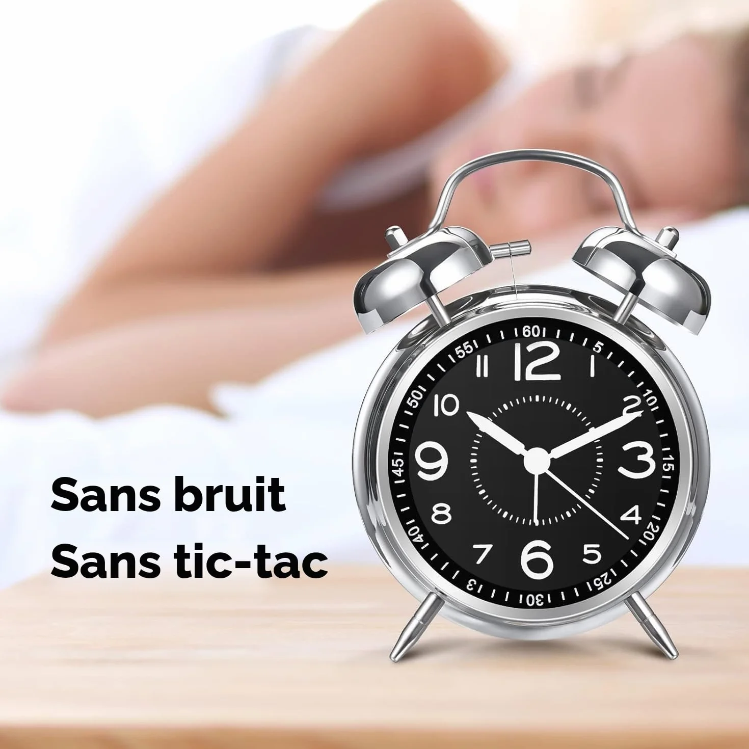 Réveil analogique rétro en métal à double cloche pour les dormeurs profonds, sans tic-tac, avec éclairage de nuit