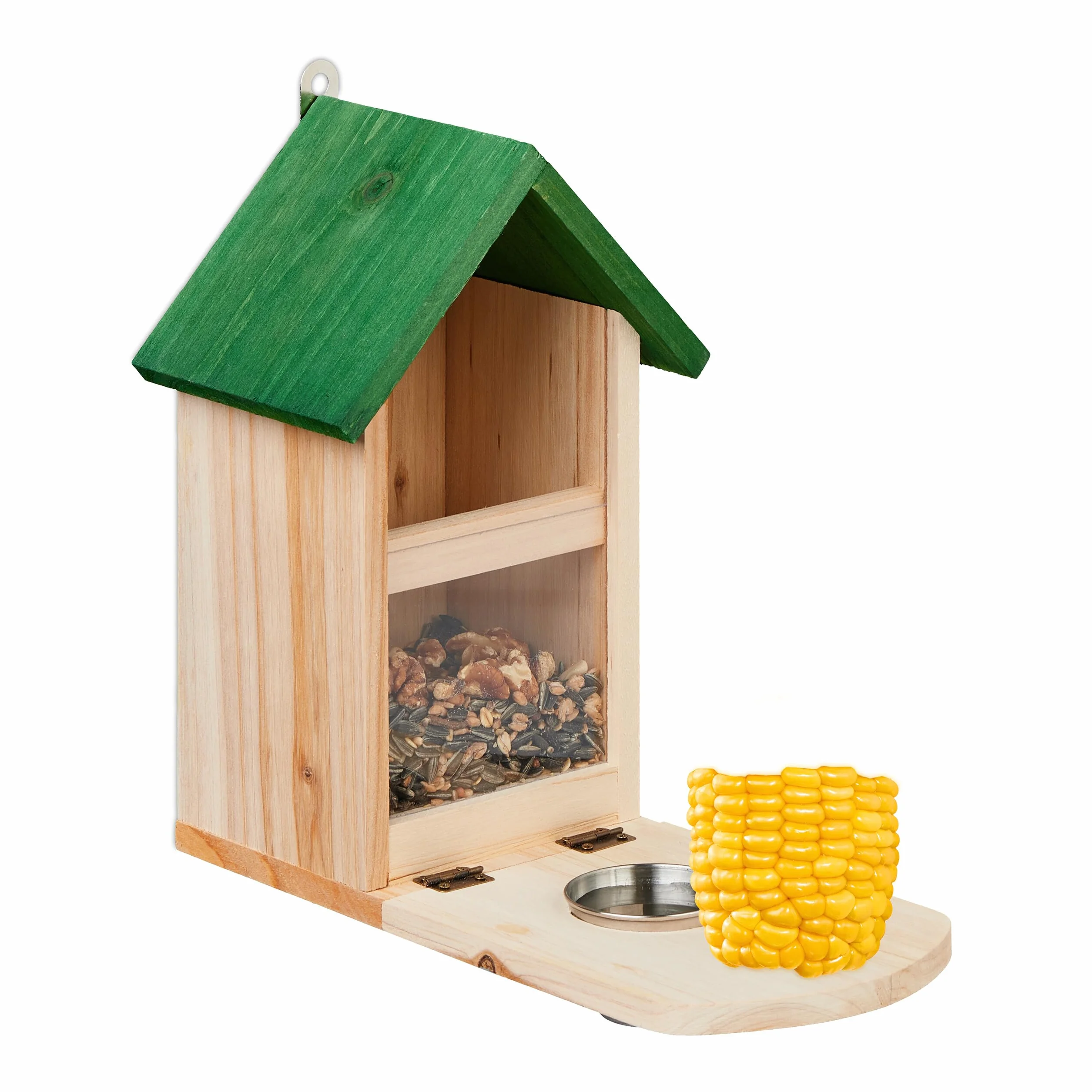 Relaxdays Mangeoire en Bois pour Écureuils avec Vis et Seau à Eau, Nature et Vert