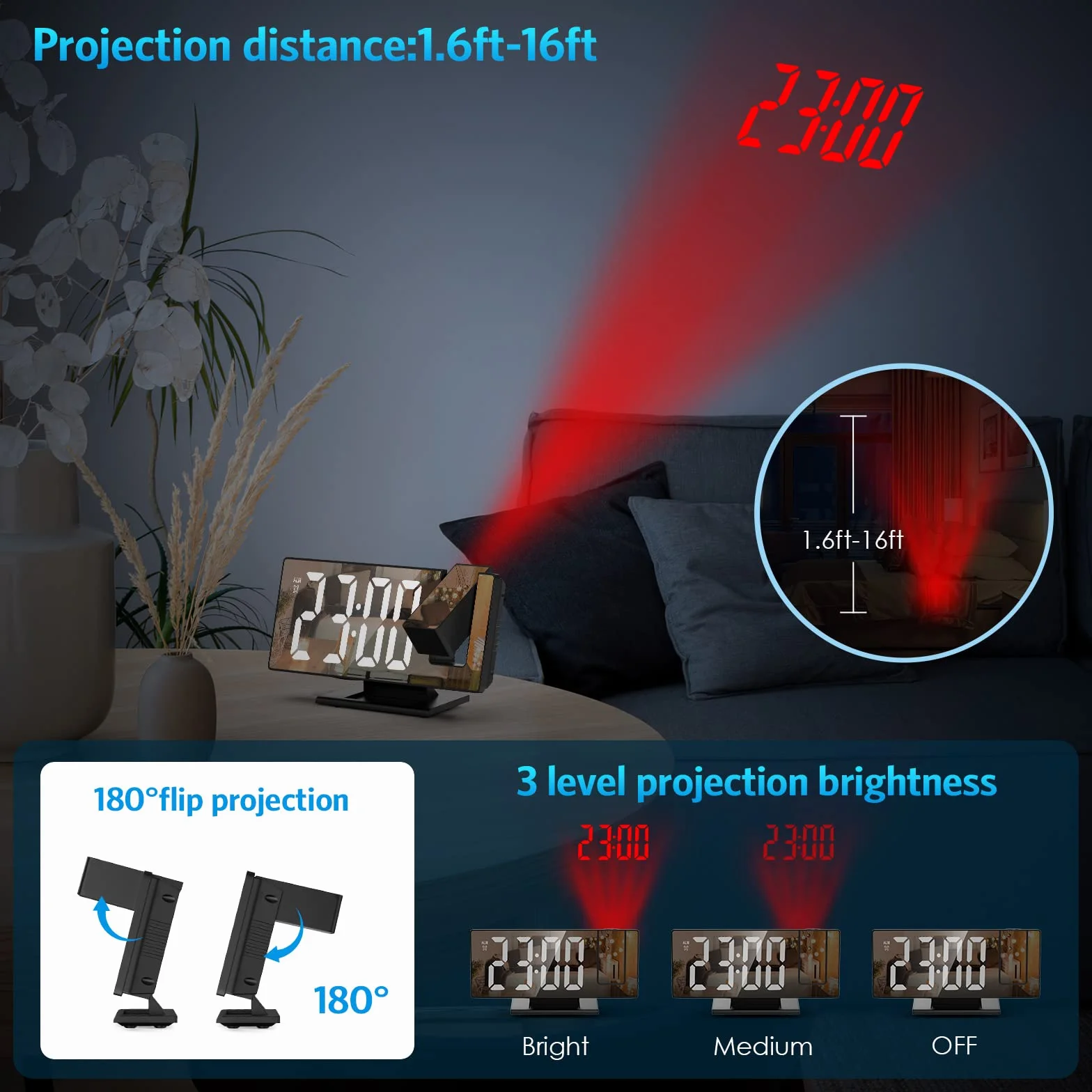 Réveil Projecteur Plafond LED Miroir Horloge Digitale Projection 180° USB