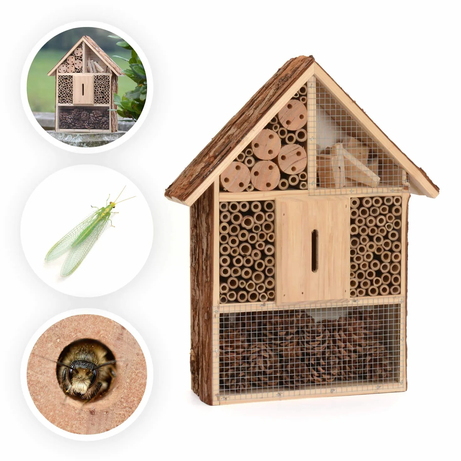 CKB LTD Grand hôtel en bois naturel pour abeilles, coccinelles, papillons, abri extérieur en bois nid de jardin - 30 x 10 x 39 cm