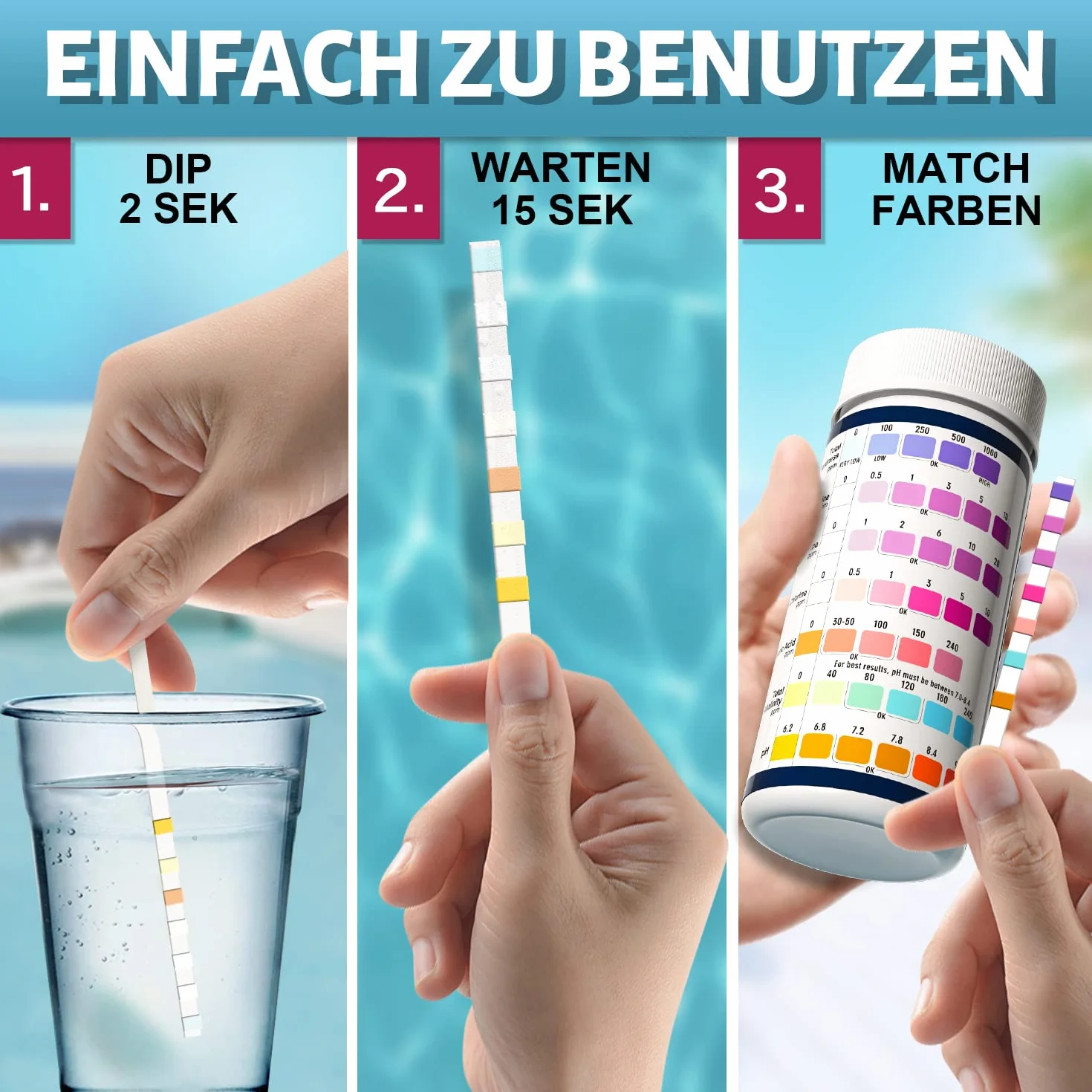 RUNBO 7 en 1 Testeur Eau Piscine Spa, 150 Tests Chlore Libre, Brome, pH, Alcalinité