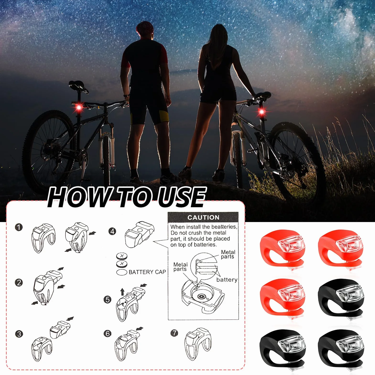 6 Lumières Vélo LED + 5 Piles CR2032 – Feux Avant & Arrière Étanches en Silicone – 3 Modes – Éclairage Vélo Rouge/Blanc pour Cyclisme de Nuit, Jogging, Sécurité Extérieure (A)