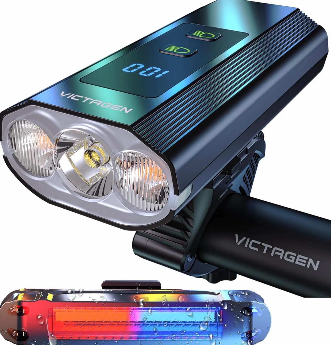 Victagen Phares de vélo Super Lumineux 8000 LM pour la Conduite de Nuit, 3 lumières LED Super Lumineuses pour vélo/vélo avec Feux de Route et Feux de Croisement de Type C Rechargeables, Feux arrière