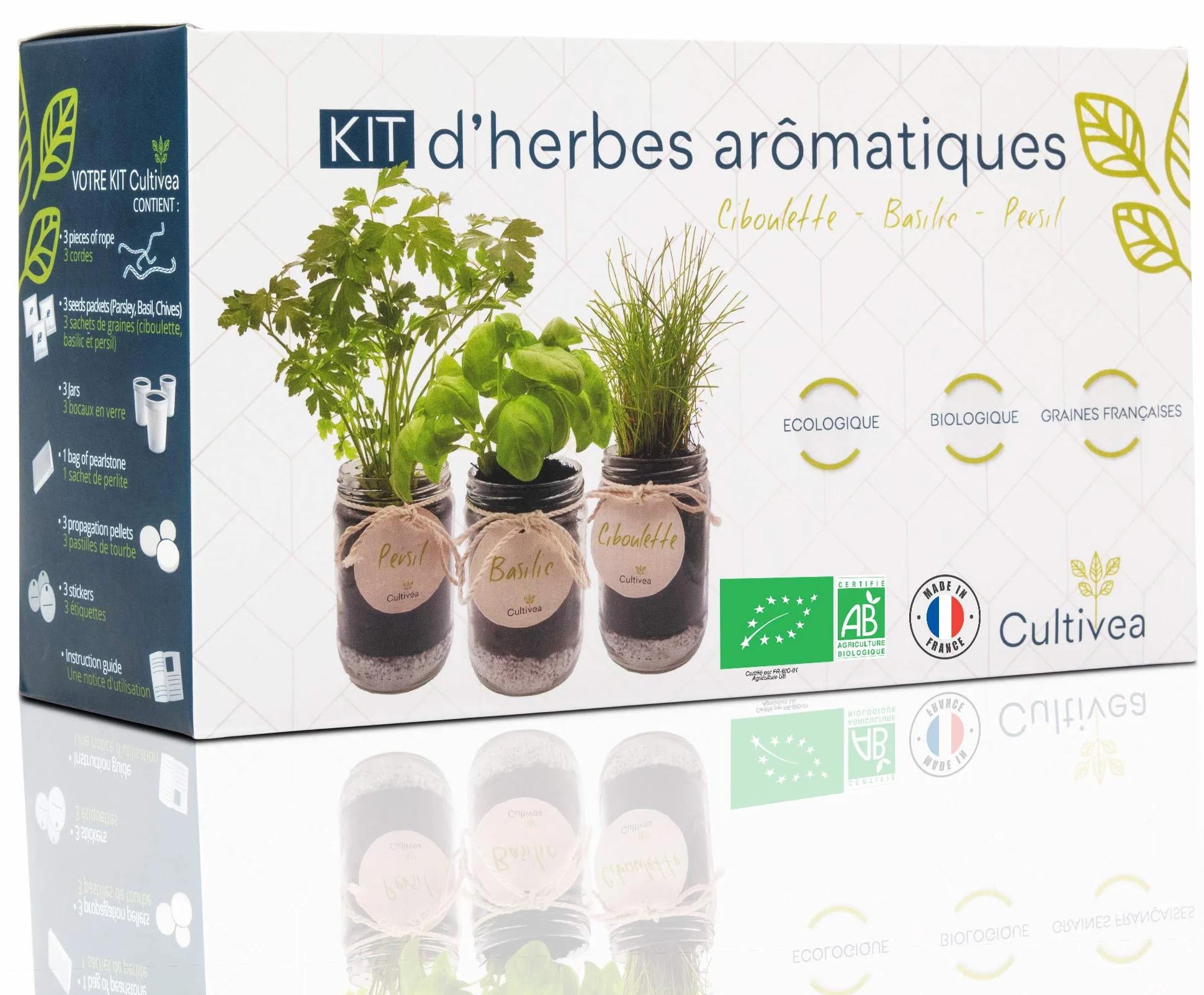 Kit Herbes Aromatiques Intérieur Bio – Basilic Persil Ciboulette – Mini Potager Bocaux en Verre Cadeau