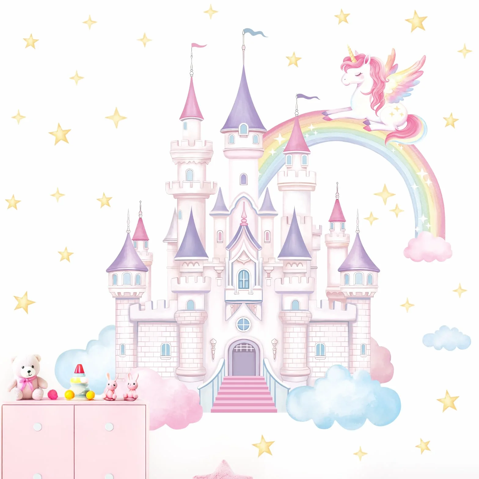 SHUCHING Stickers Muraux Châteaux Grands Licornes Arc-en-ciel Décoration Murale Chambre Enfants
