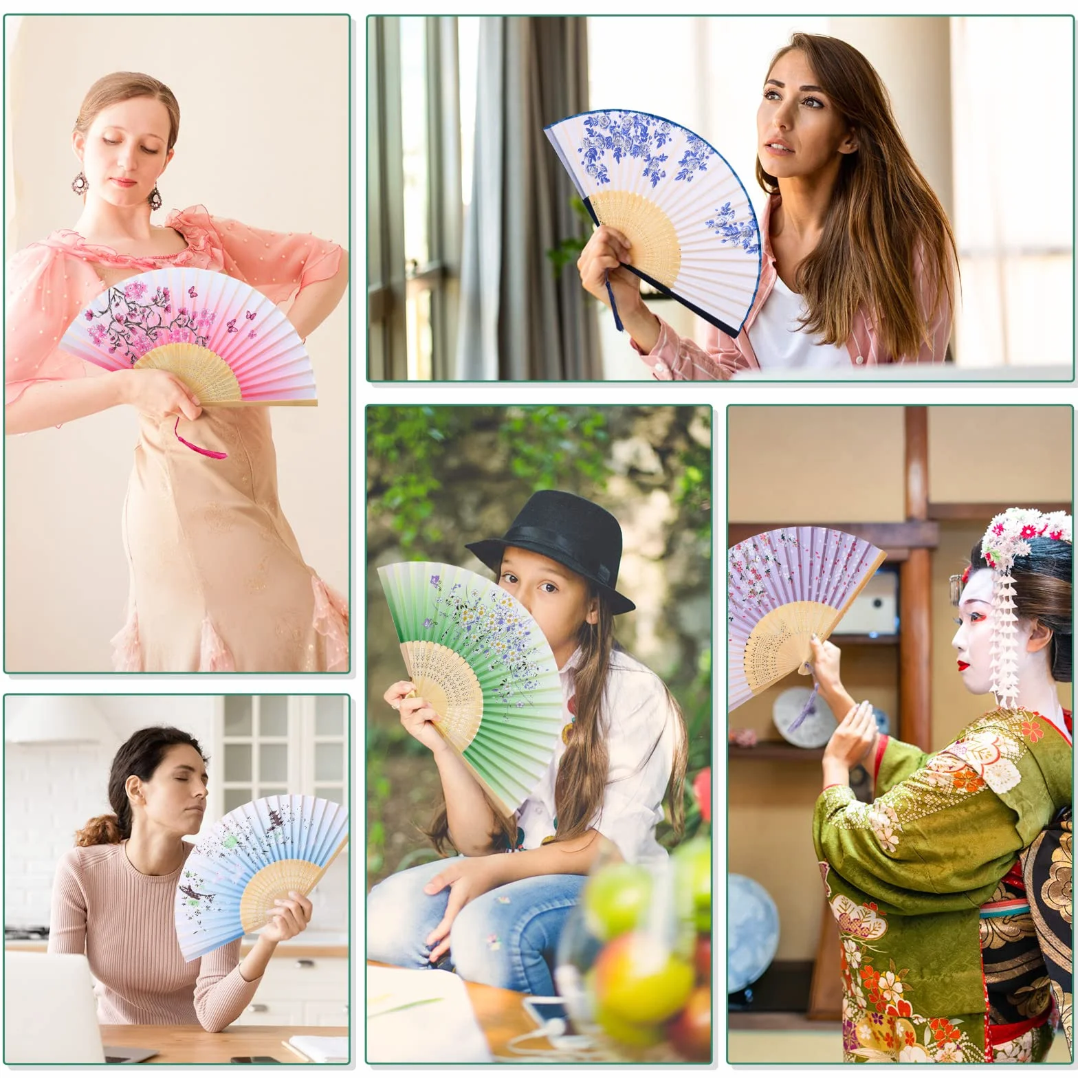 Éventails Pliants 6Pcs Eventail Japonais en Soie et Bambou avec Frange pour Décoration Mariage