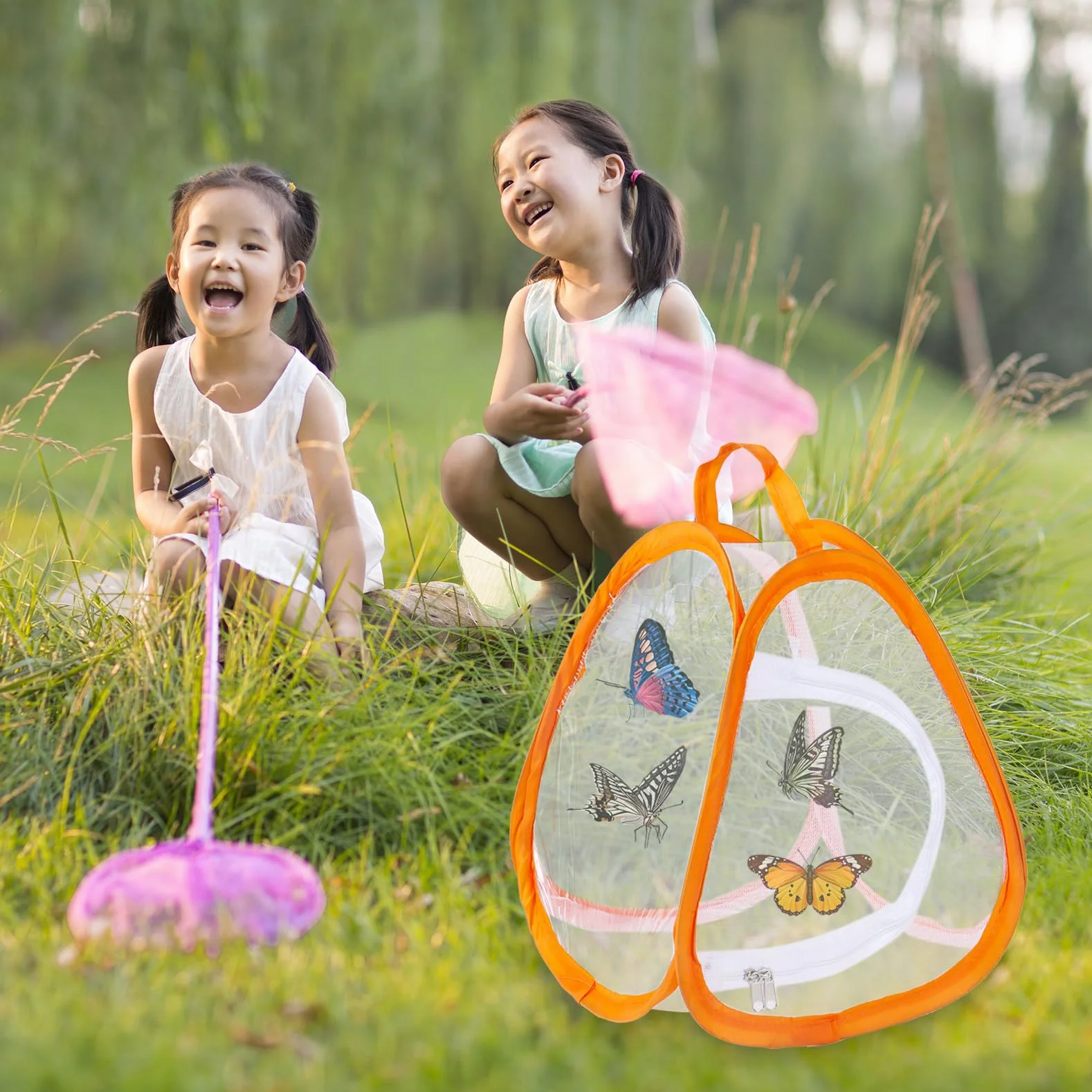 Cages à papillons en maille pour enfants Lot de 2 - Maison pop-up avec fermeture éclair portable (vert, orange)