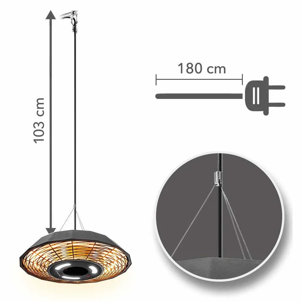 TROTEC IR 2010 SC Chauffage Plafond Infrarouge 2000W IP45 Noir Étanche Télécommandé LED
