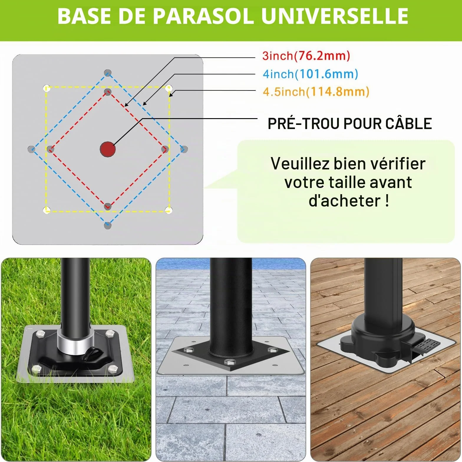 Support de Parasol Universelle en Acier Résistant à la Rouille, Base enterrée Peu encombrante