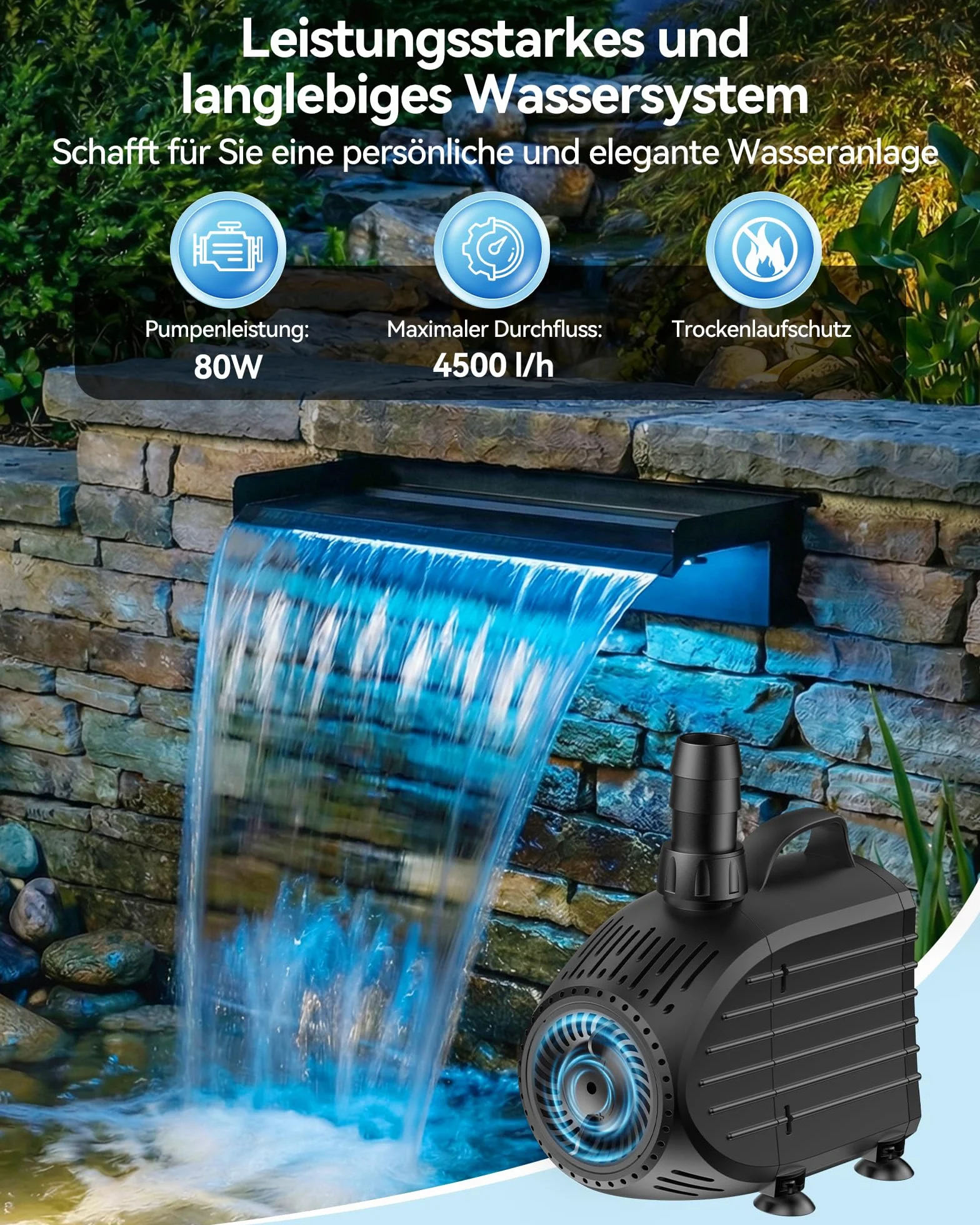 POPOSOAP Kit Cascade Bassin Acier Inoxydable 60cm Pompe Eau 4500 L/h Lumières LED Télécommandées Tuyau Ondulé 3m