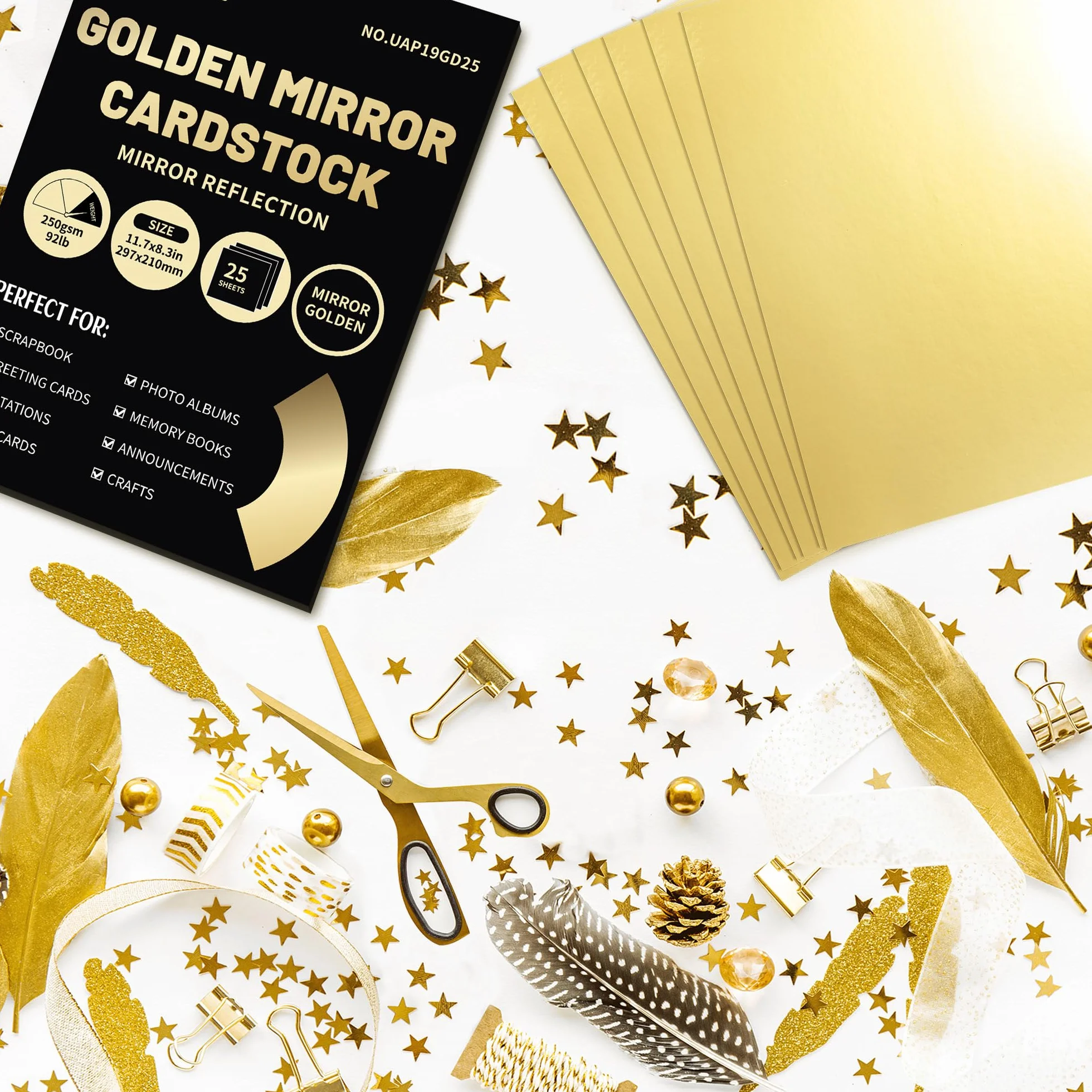 Papier cartonné miroir doré A4 250 g/m² 25 feuilles métallisé pour artisanat