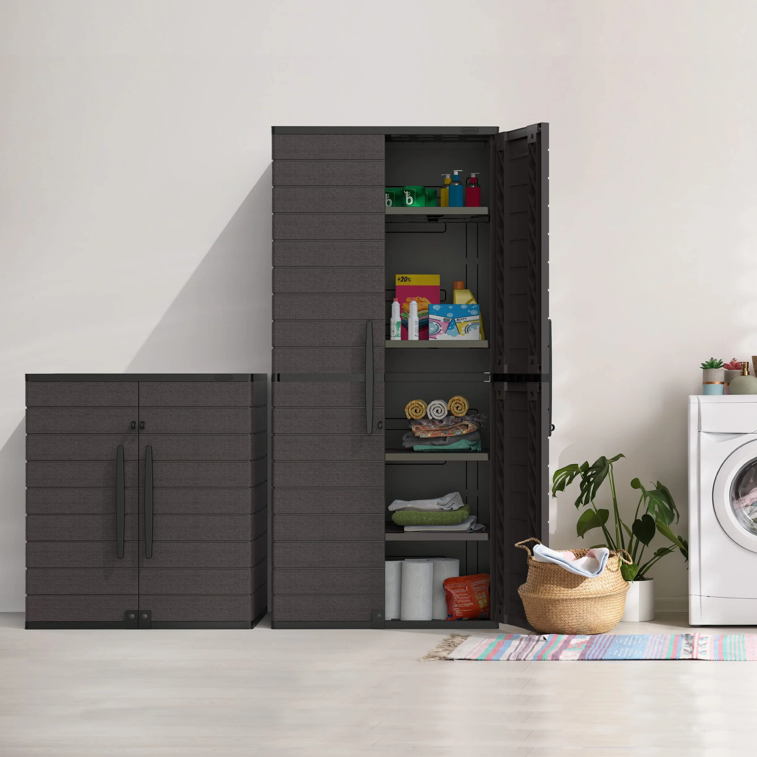 Duramax Cedargrain Short Plastic Vertical Storage Cabinet 2 Door with Shelves Outdoor Lockable Water Resistant Brown