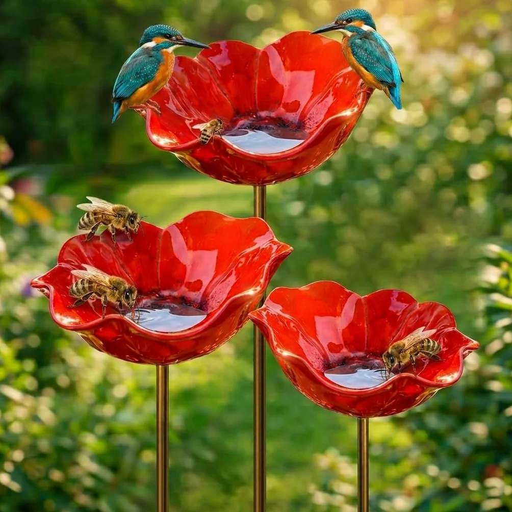 Mangeoire Oiseaux Extérieur Métal sur Pied 3 Pièces Forme Fleur pour Jardin