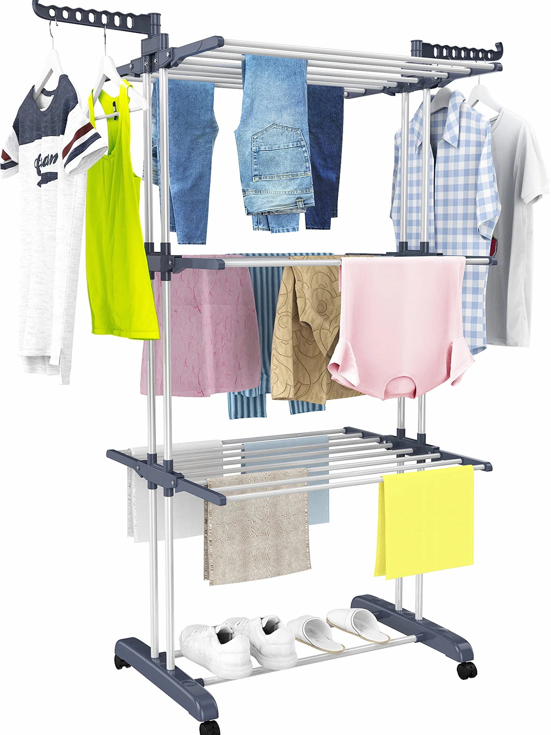 HOMIDEC Etendoir Linge Pliable 4 Niveaux Acier Inoxydable avec Roues Gris