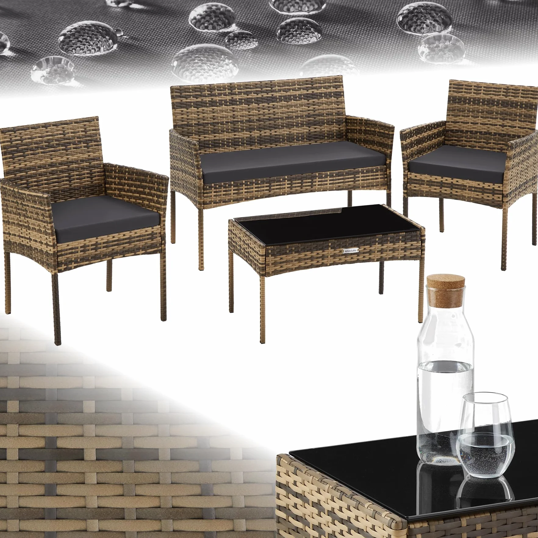 Tectake Ensemble Salon de Jardin en Résine tressée Canapé 2 Places 2 Fauteuils et 1 Table de Jardin Coussins Inclus