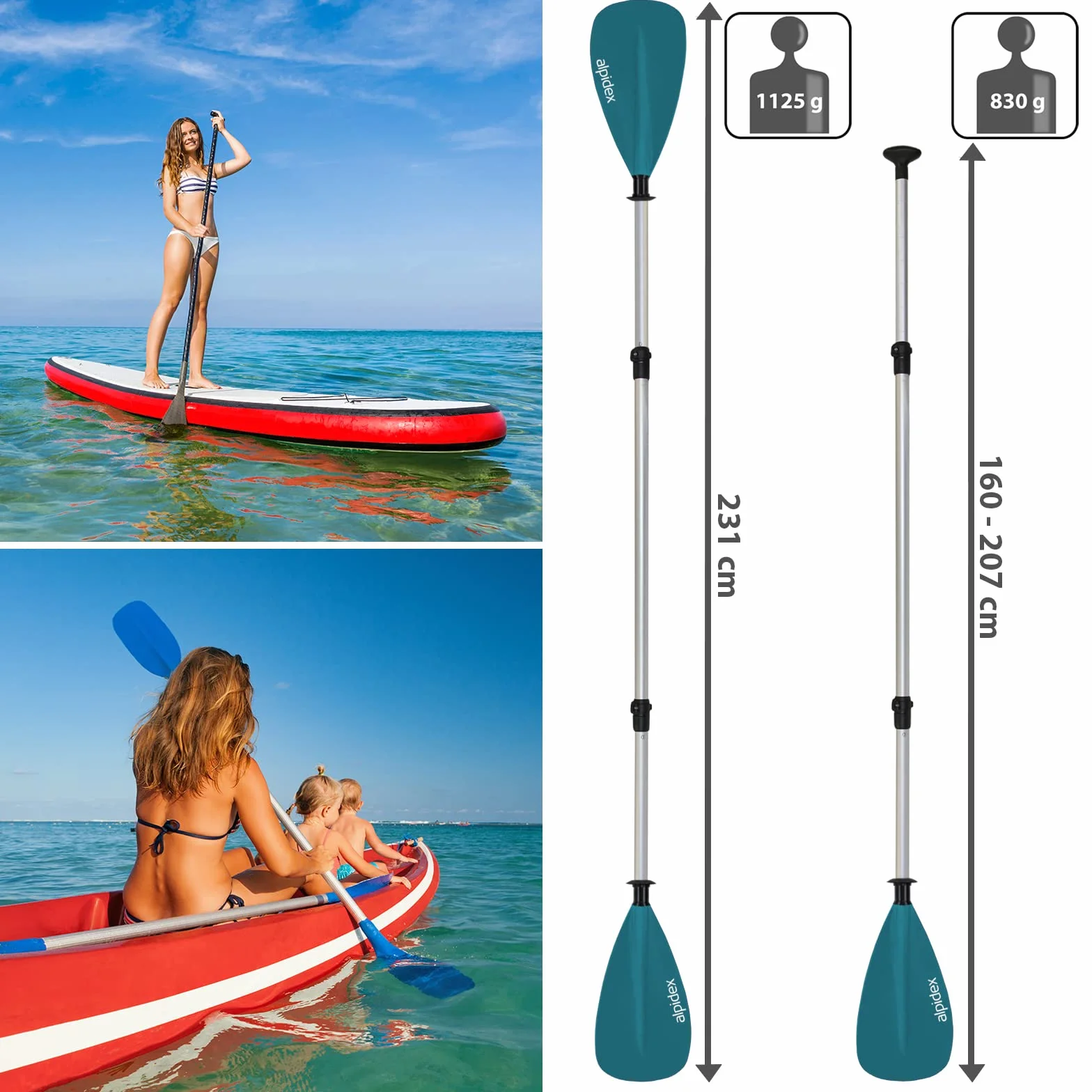 ALPIDEX 2 in 1 Pagaies Canoe Tavola Sup Réglable 160-207 cm Aluminium Pagaie Planche Gonflable Canoë Kayak Double Pagaie Paddle
