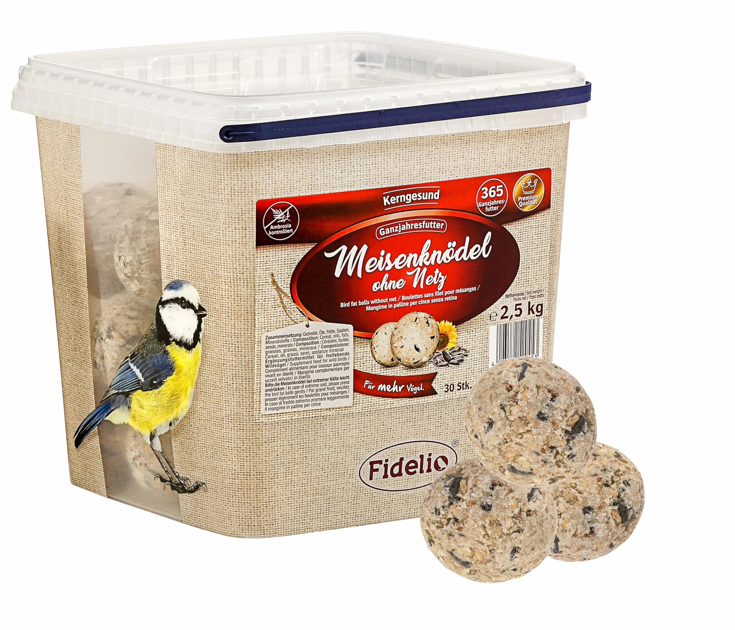Fidelio Lot de 30 Boules de Graisse sans Filet 2,5 kg - Nourriture pour Oiseaux Sauvages