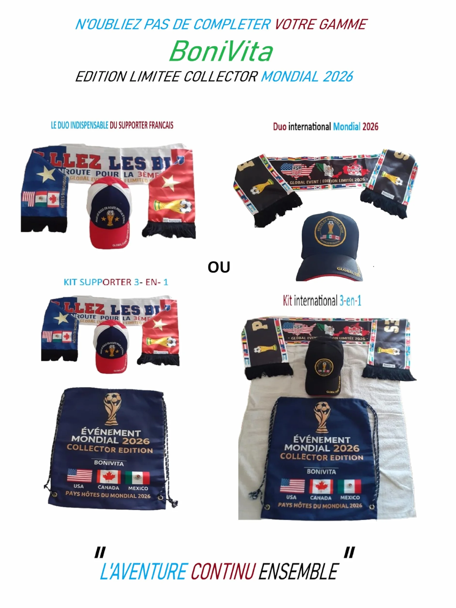 Echarpe supporter France&Nations du Monde-Editon limitée Evénémént Mondial 2026- Impression Sublimation Recto-Verso