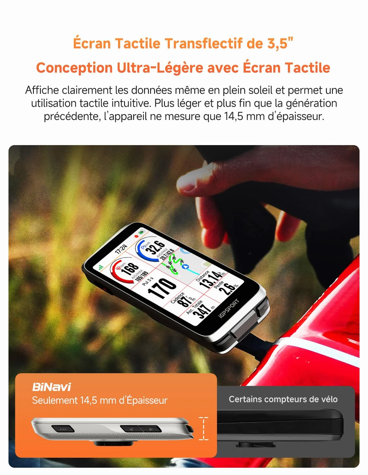 iGPSPORT BiNavi Compteur Velo sans Fil, 3,5" Tactile Fonction VO2, d'Analyse d'Entraînement, Enregistrement Continu, Détection de Mouvement, Commande Musicale et Caméra d'action, iClimb Pro, 35H
