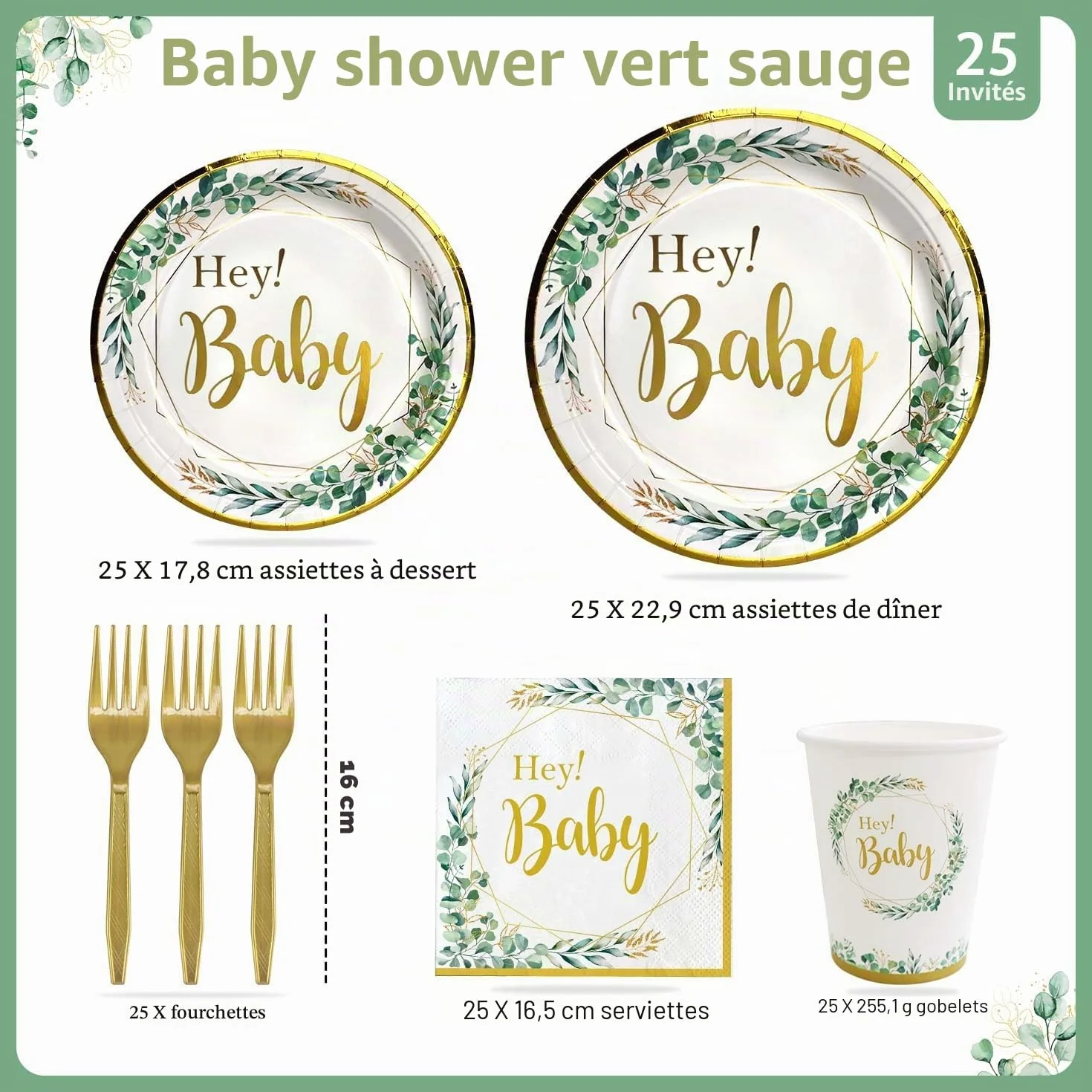 Baby Shower Vaisselle Assiette Sert 25 Invités 125pcs Neutre Bapteme Vert Sauge