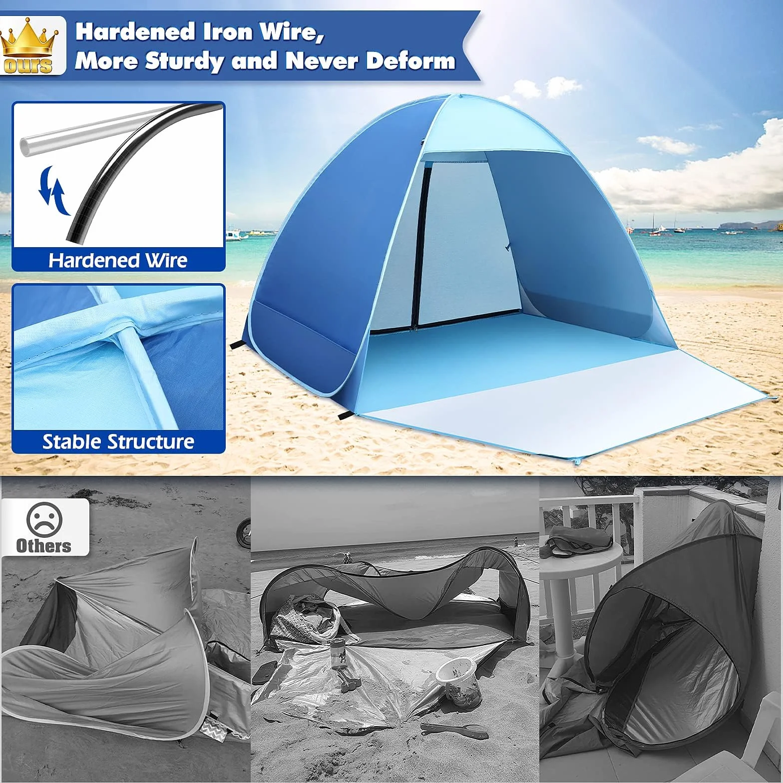 Tente de Plage, Tente de Plage Anti UV 50+ avec Porte Arrière Zippée Abri de Plage 1-2 Personnes Petit Emballage pour Protection Solaire Plage, Jardin