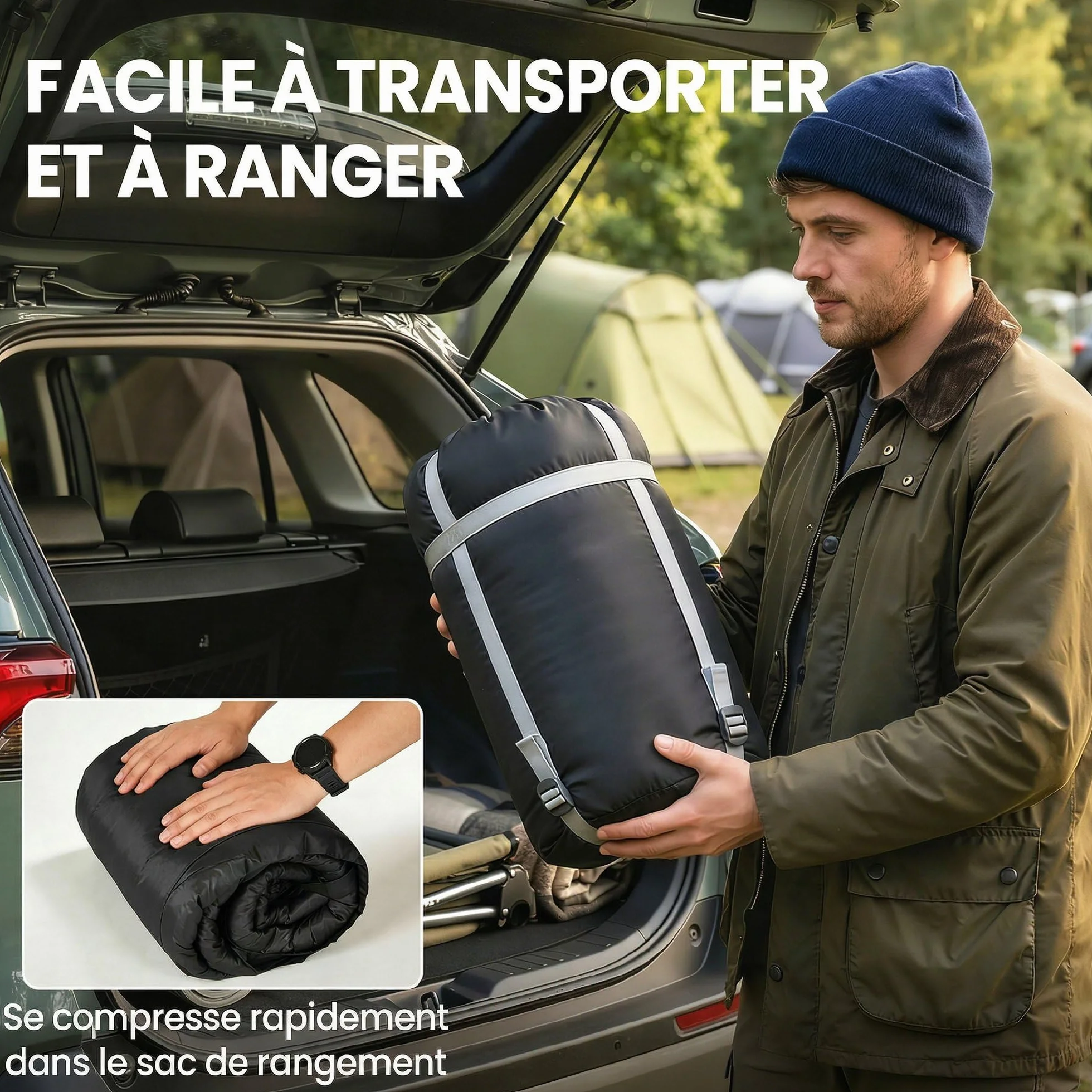 Outsunny Sac de Couchage Double Adulte Modulable 2 Oreillers Coton Creux 400 g/m² Camping Randonnée Noir
