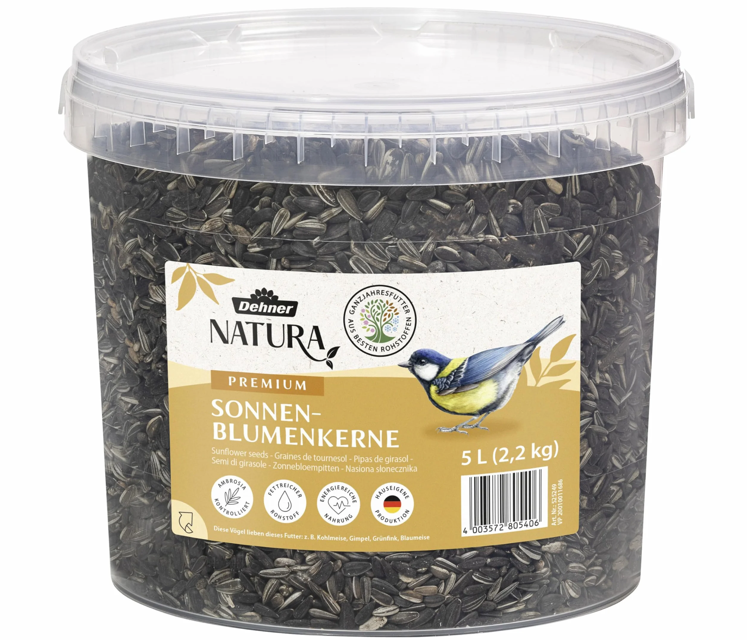 Dehner Natura Premium Nourriture pour Oiseaux Sauvages, Graines de Tournesol Non décortiquées, Seau 5L