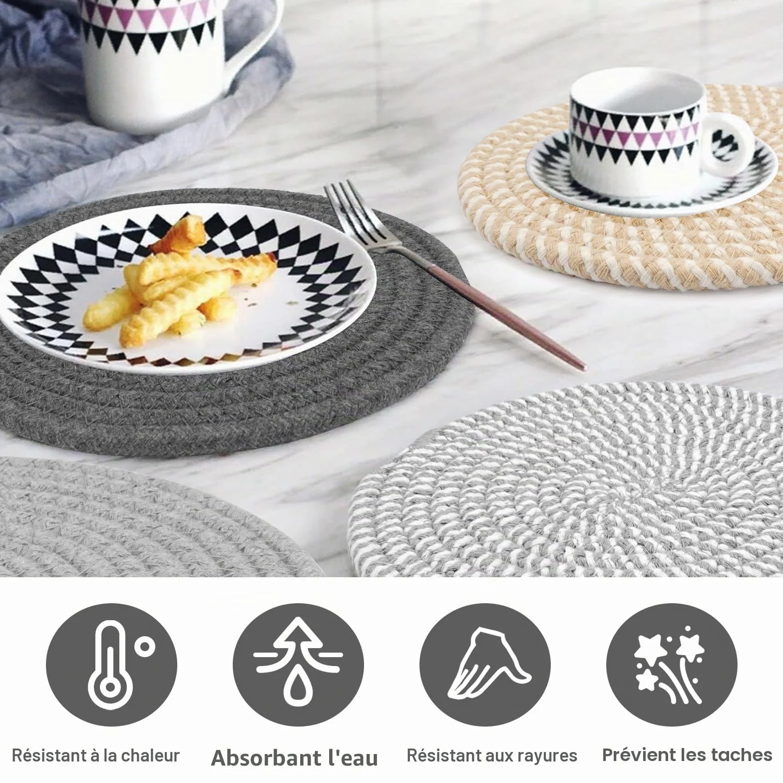 Lot de 4 Dessous de Plats Résistants à la Chaleur 18 cm en Coton Tissé Ronds