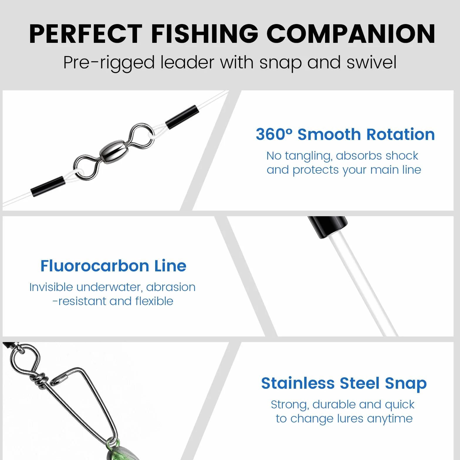 Lot de 15 leaders en fluorocarbone avec émerillon et mousqueton - Transparent - Pour brochet, truite, pêche à la pêche - 30 cm