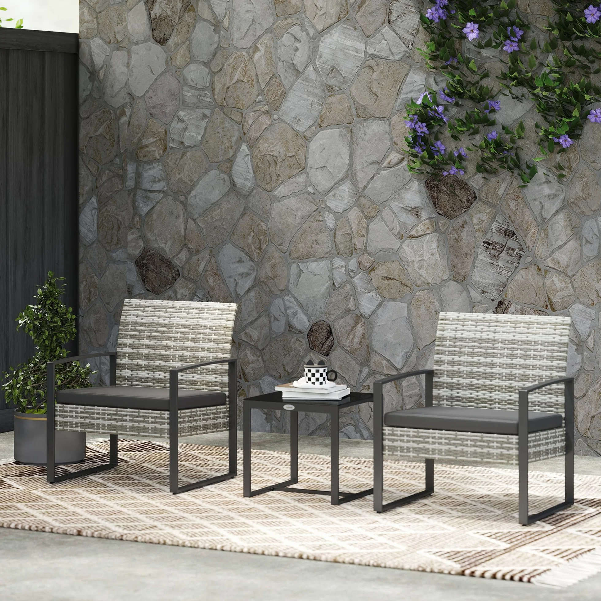 Outsunny Salon de Jardin 2 Places Table Basse Verre trempé Résine tressée Gris Clair