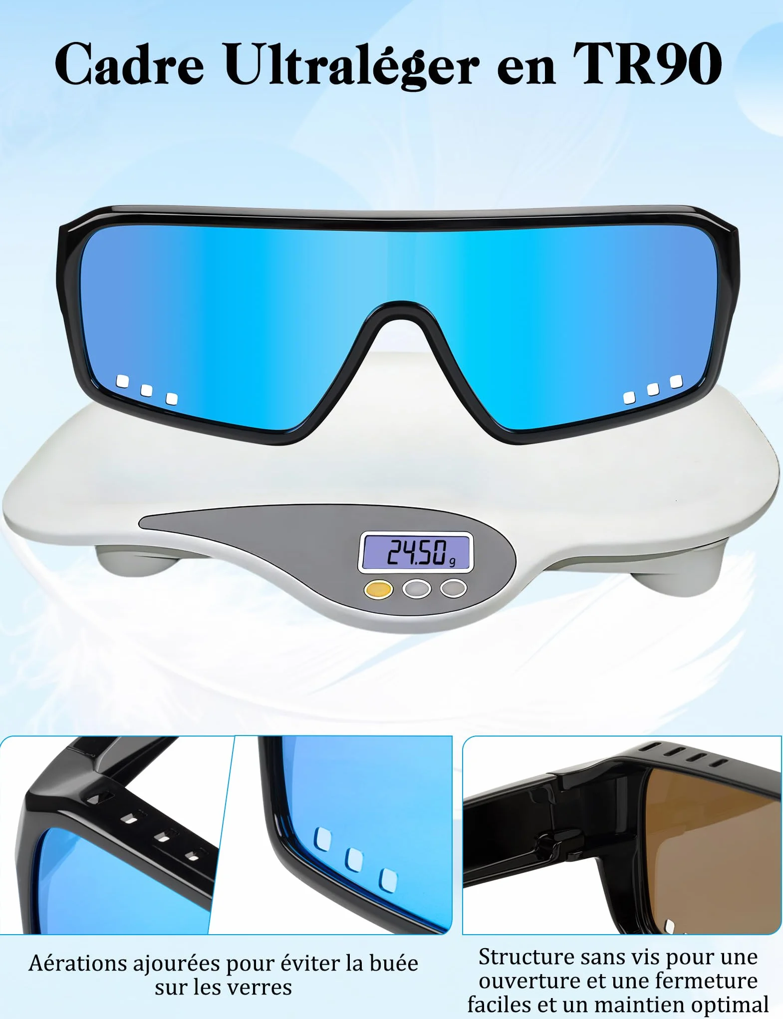 MELLIEX Lunettes de Soleil Polarisées Sport, Lunettes de Cyclisme Ultra-Légères TR90 Protection UV400, Surlunette de Soleil Homme Femme pour Vélo VTT Pêche Course et Sports de Plein Air