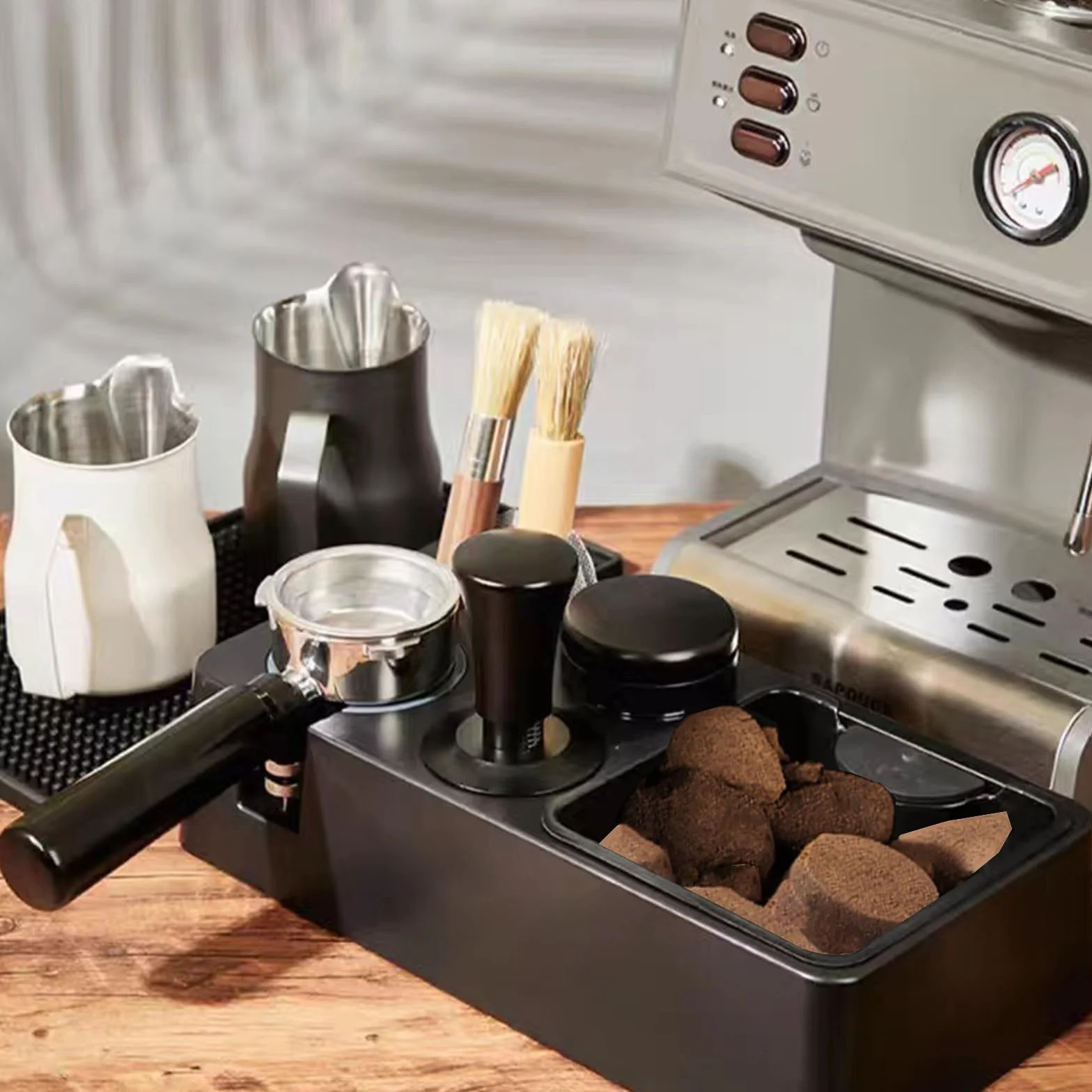 Station Tassage Café avec Knock Box, Tamper 51-58,5mm, Distributeur Café, Accessoires pour Machine à Café Barista