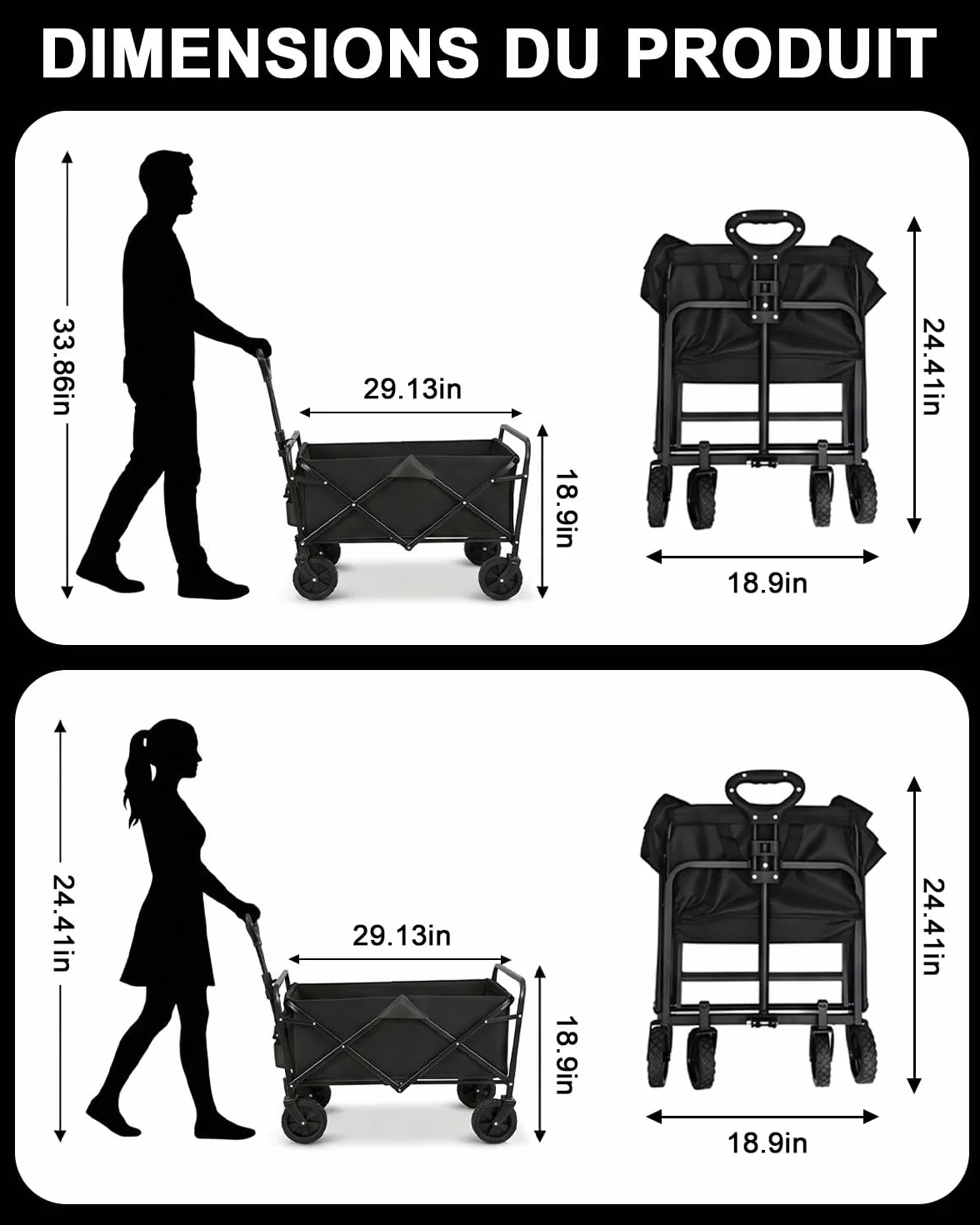 Chariot de Transport Pliable 113L Charge 120 kg 4 Roues Tout Terrain Détachables Poignée Télescopique