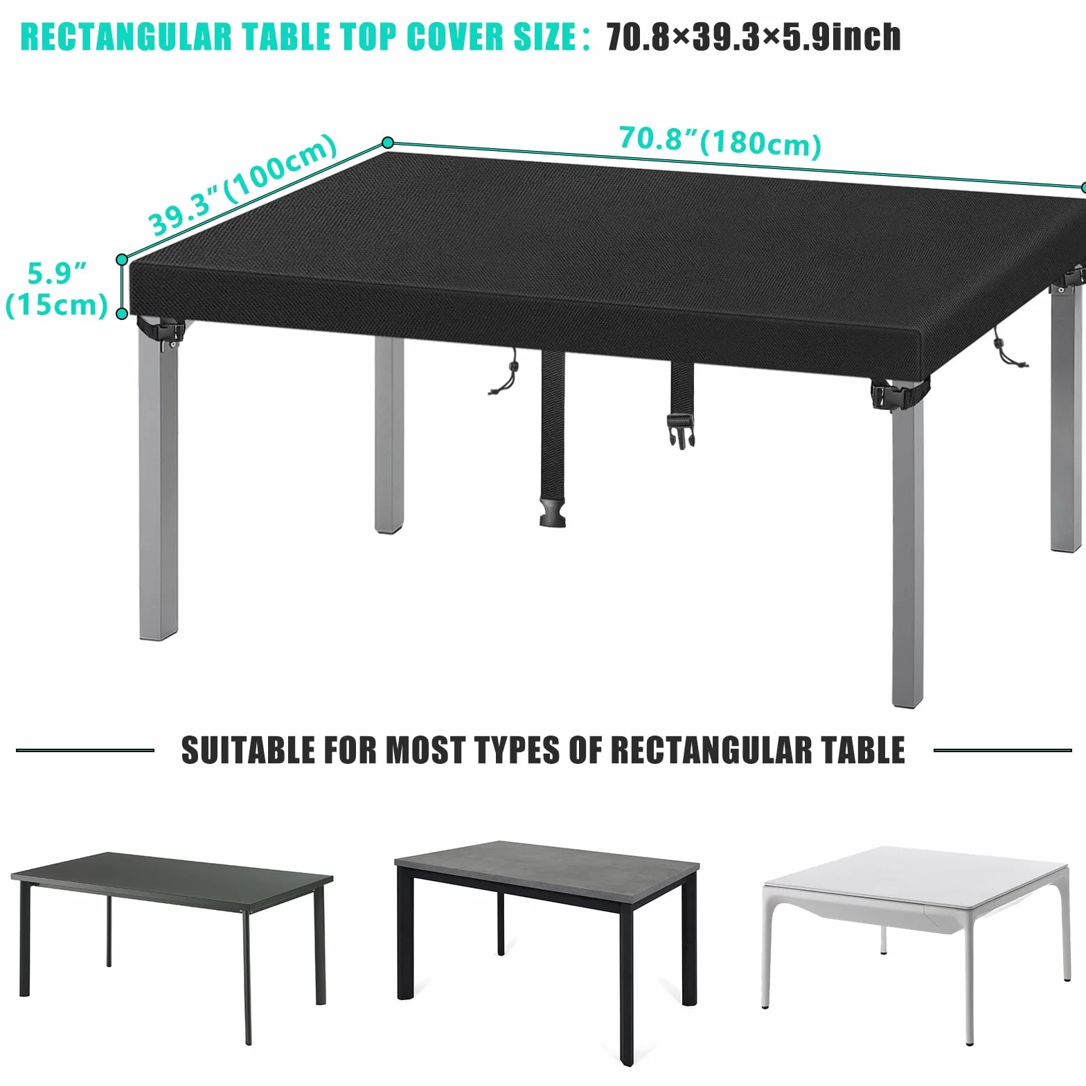 Housse pour table de jardin noire 180x100x15 cm imperméable tissu Oxford 420D