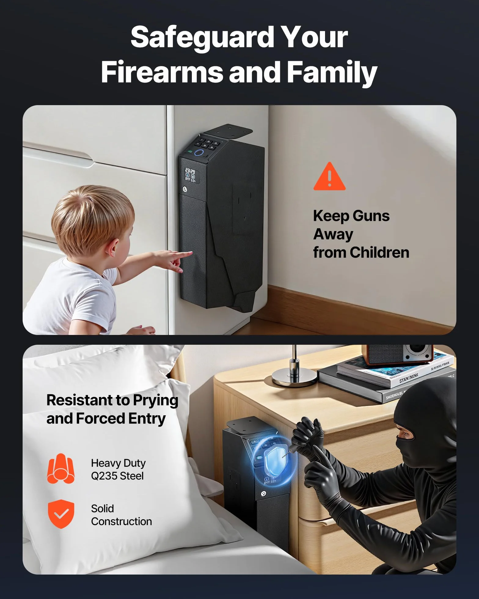 VEVOR Coffre-Fort pour 1 Pistolet et 1 Chargeur, Coffre pour Armes de Poing Verrouillable et Coulissant, 3 Façons d’Accès Empreinte Digitale, Mot de Passe et Clé, avec Écran et LED, pour Table Voiture