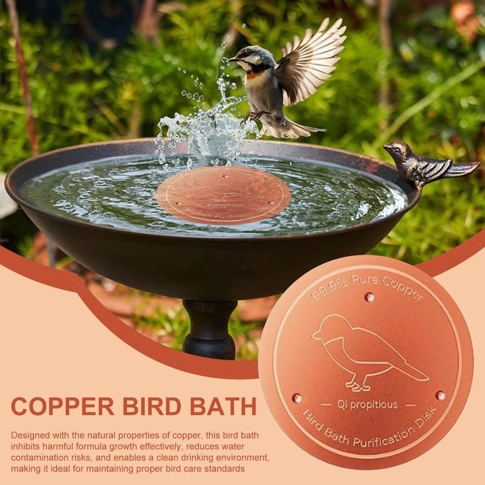 Disque de purification en cuivre pour bain d'oiseaux avec support à trois points – Purificateur d'eau pour jardin