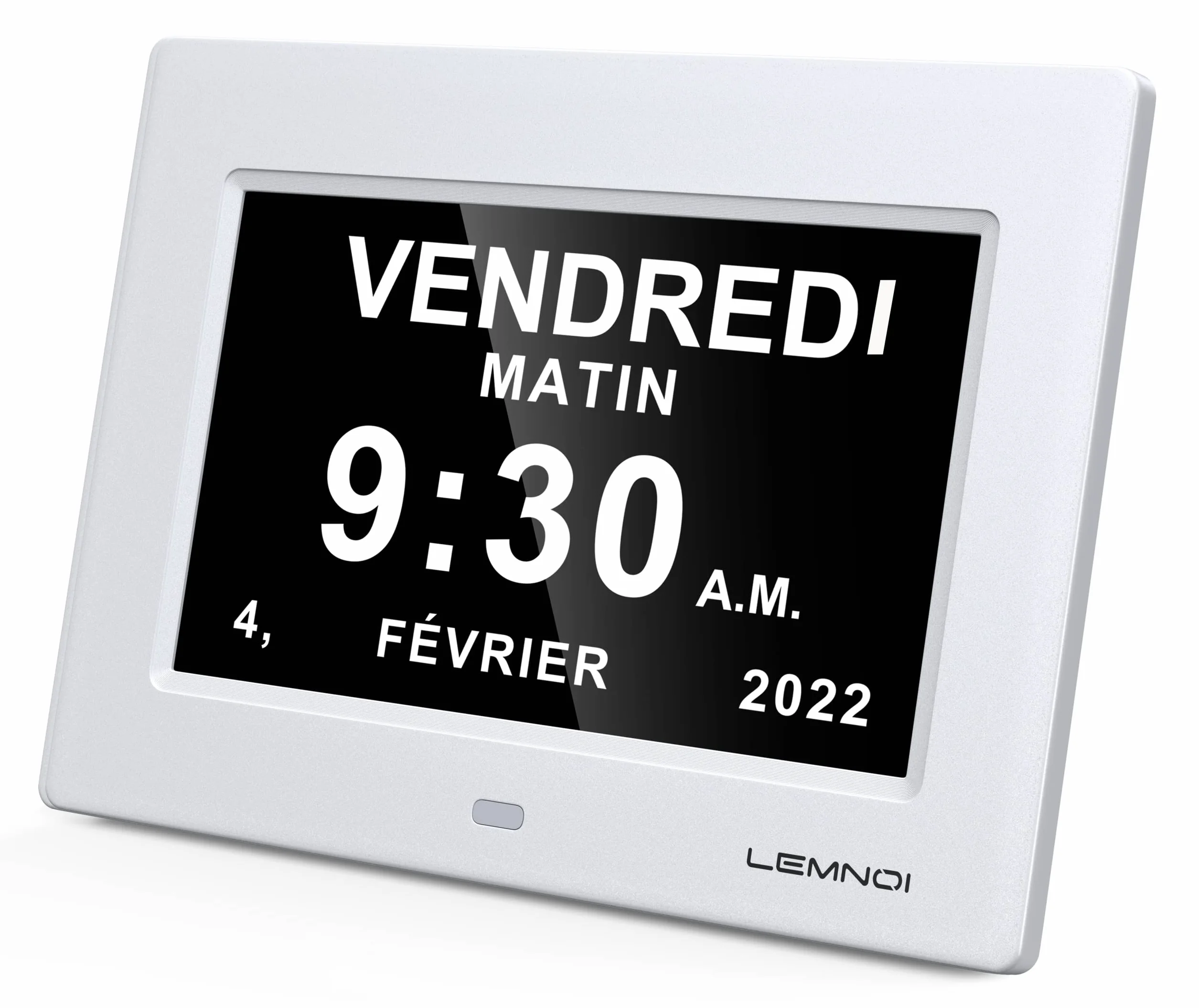 LEMNOI 7" LCD Digital Clock Calendar with Date Day Time Auto Dimming 8 Languages HD Display for Alzheimer Elderly Kids White