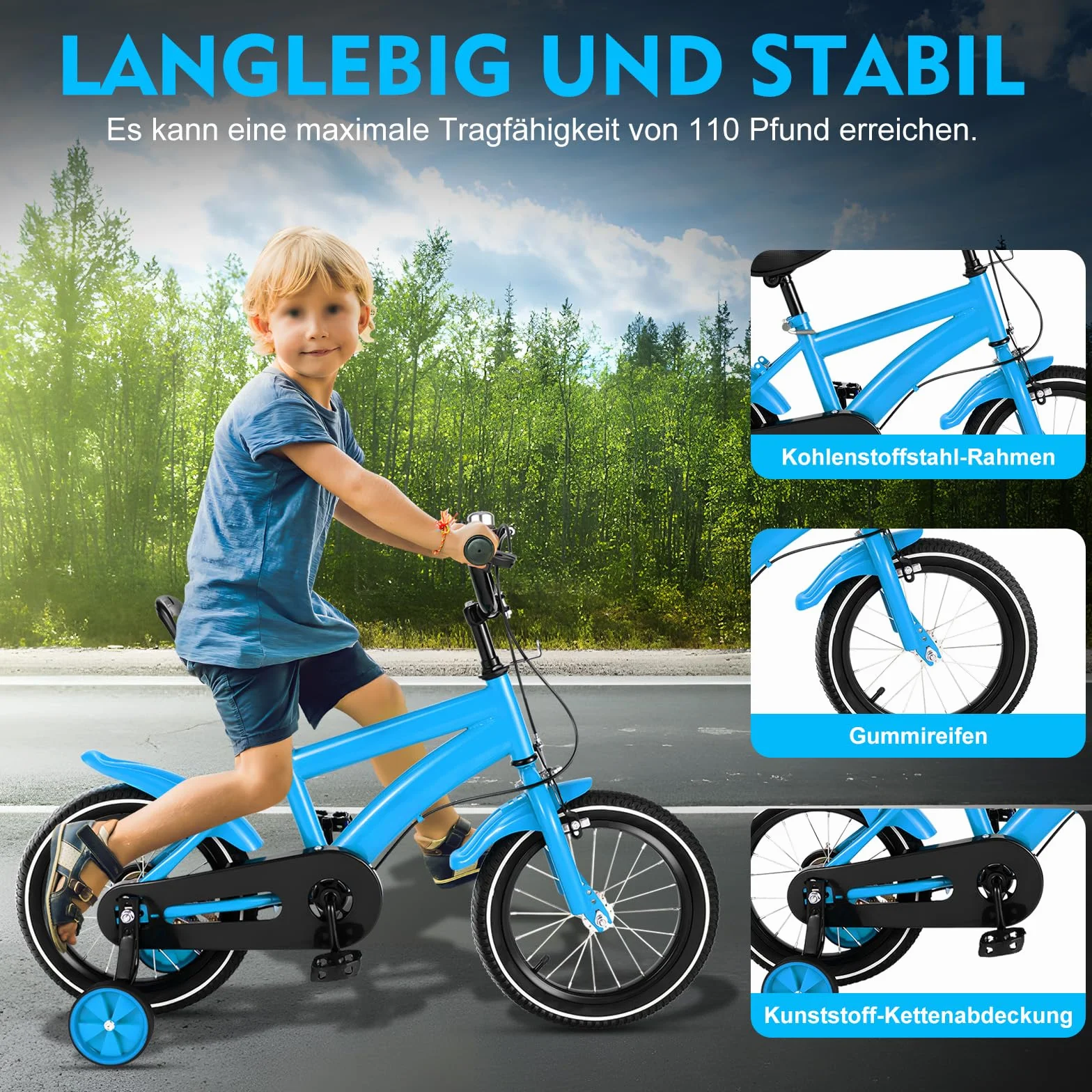 Vélo pour enfant de 14 pouces, à partir de 3 à 6 ans, pour filles et garçons, blanc avec garde-boue et frein avant et arrière combinés, en acier au carbone de qualité supérieure