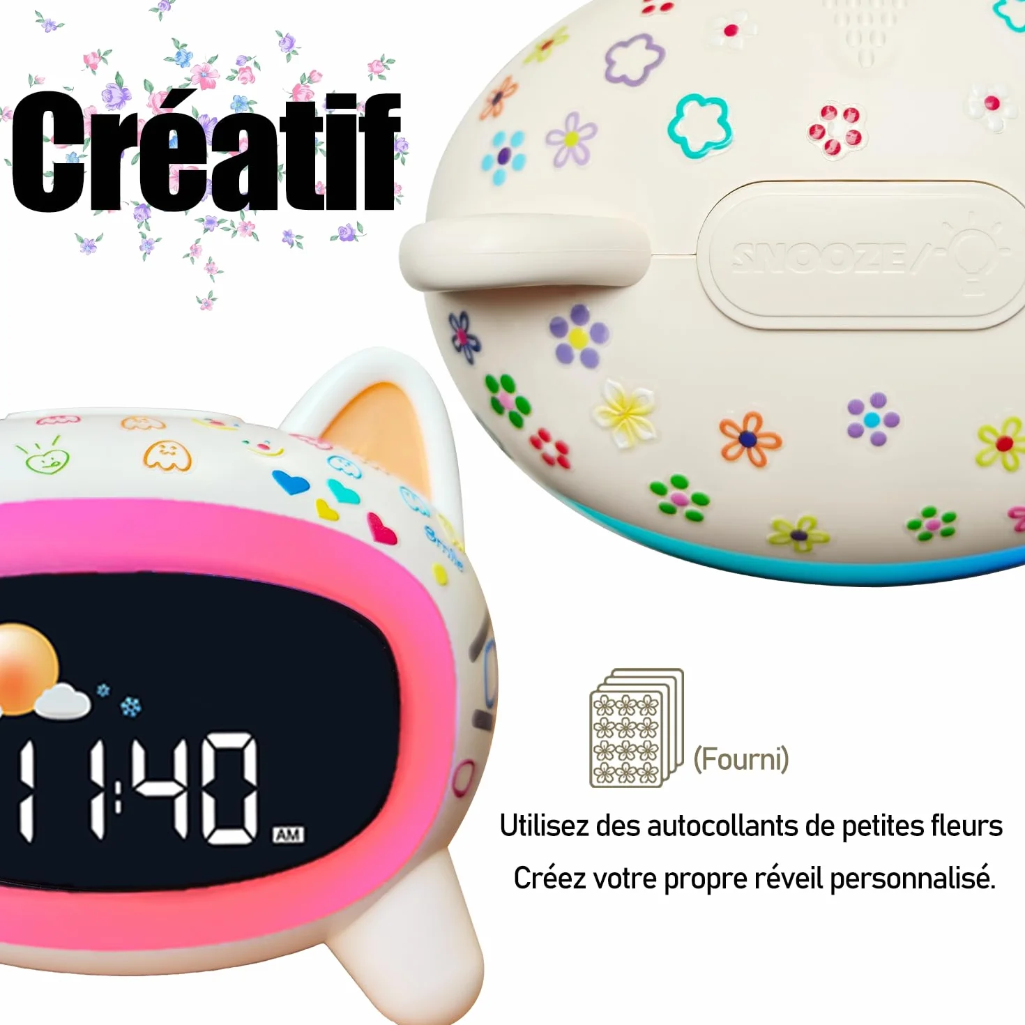 Réveil Enfant éducatif Jour/Nuit avec 2 Réveils Alarmes - Mode Weed-End - Veilleuse - Son de Sommeil - Rechargeable