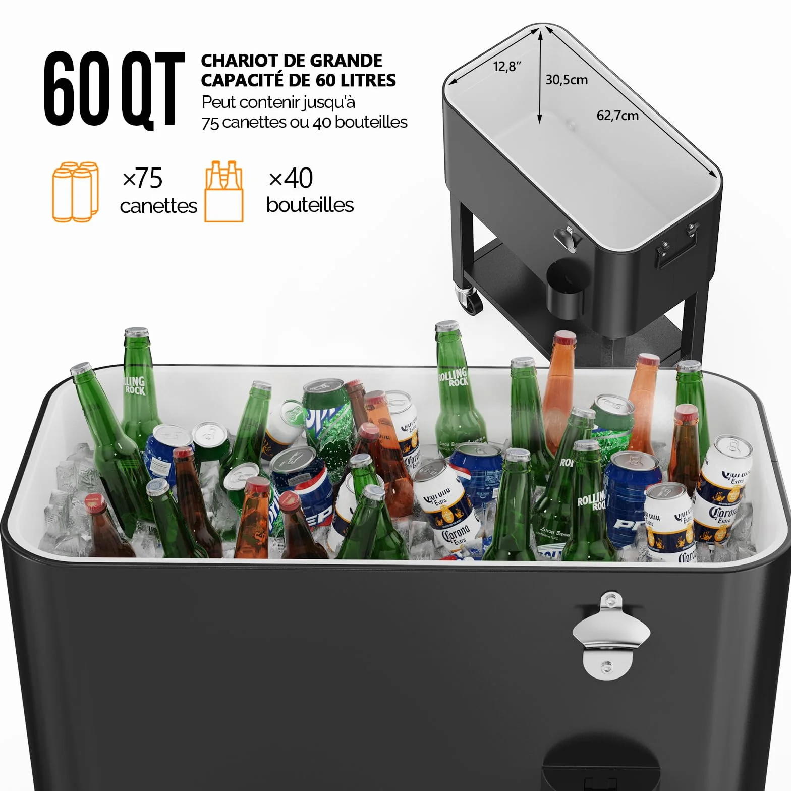Bonnlo Glacière à roulettes 76 L Frigo Camping Jardin Chariot Frigorifique Ouvre-Bouteille Attrappe-Capsule